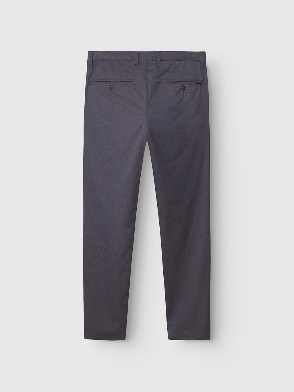 Back view of Gabba Paul Domo slim chino pant in dark navy melange, with two buttoned back pockets, French pockets, branded buttons, and belt loops, displayed flat on a light grey background.
