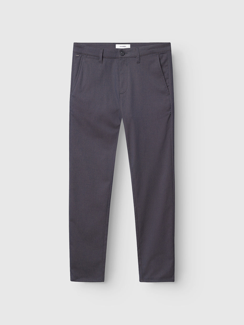 A pair of Paul Domo - Dark Navy Melange dress pants by Gabba, featuring a slim chino fit, front pockets, button closure, and belt loops are displayed flat against a light gray background—these versatile pants offer a smart option for everyday wear.