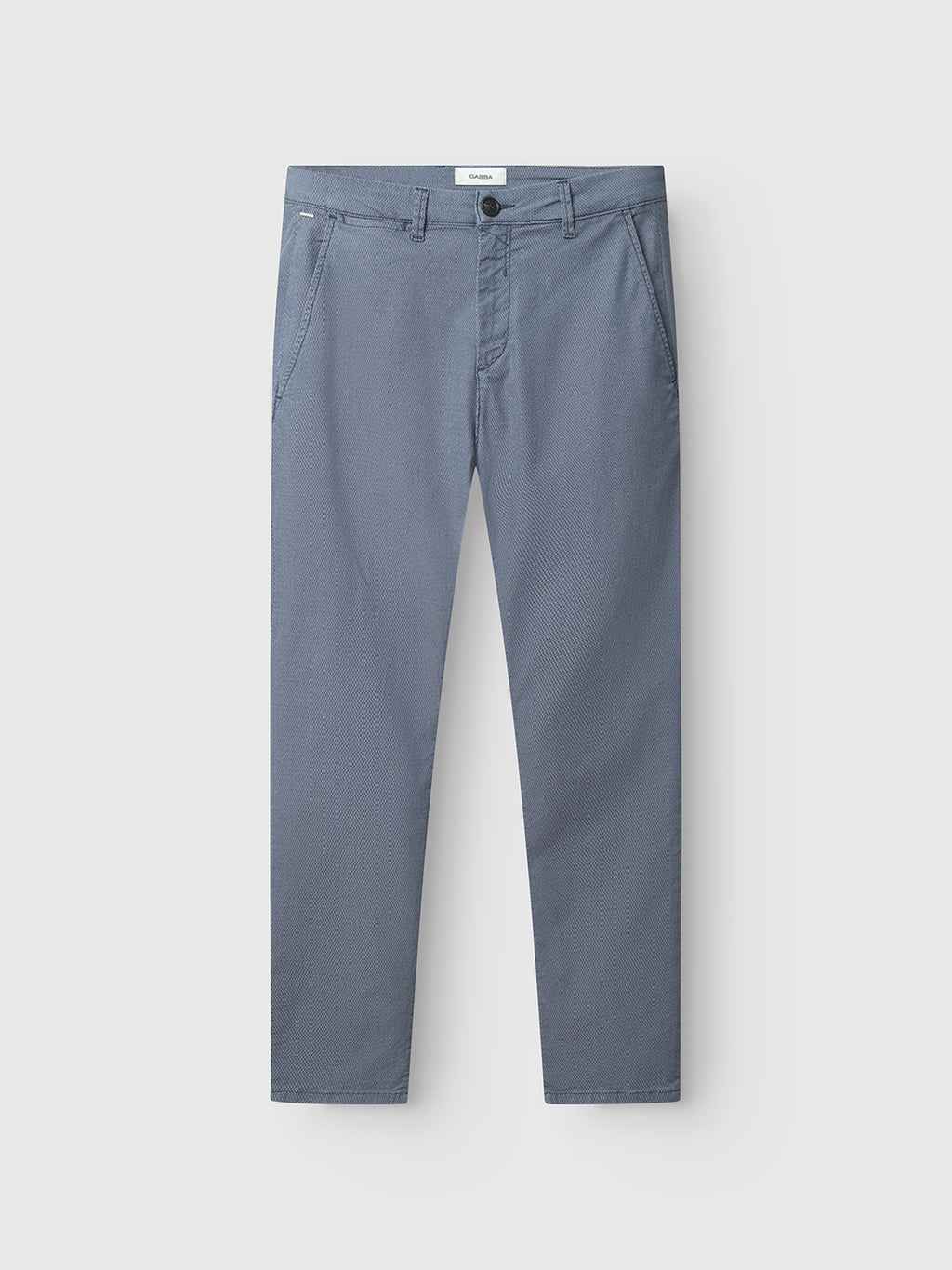 The Gabba GABpaul K3280 Dale Chino - Blue is a pair of slim-fit chino pants with a button and zip closure, French pockets, and belt loops, shown laid flat on a plain white background.