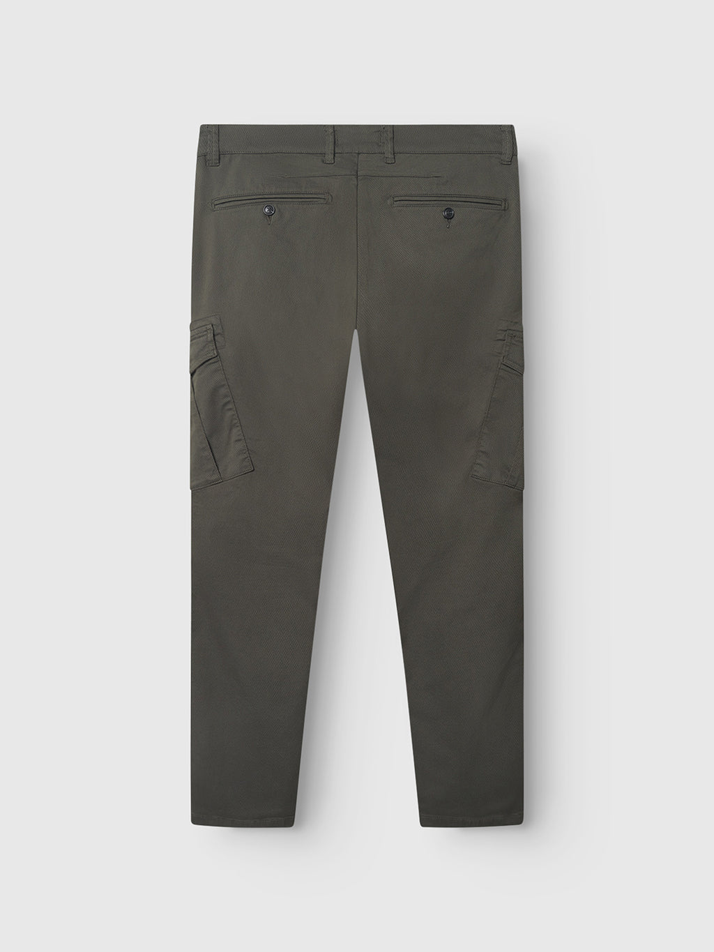 The Paul K3280 Cargo Dale - Army by Gabba, shown from the back on a light gray background, features two branded buttoned welt pockets and two side cargo pockets on each leg in a dark green slim fit design.