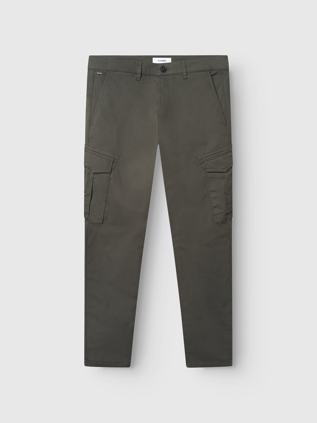 The Paul K3280 Cargo Dale - Army by Gabba are dark green slim fit cargo pants with side flap cargo pockets, front pockets, and a button waist closure, shown against a plain white background.