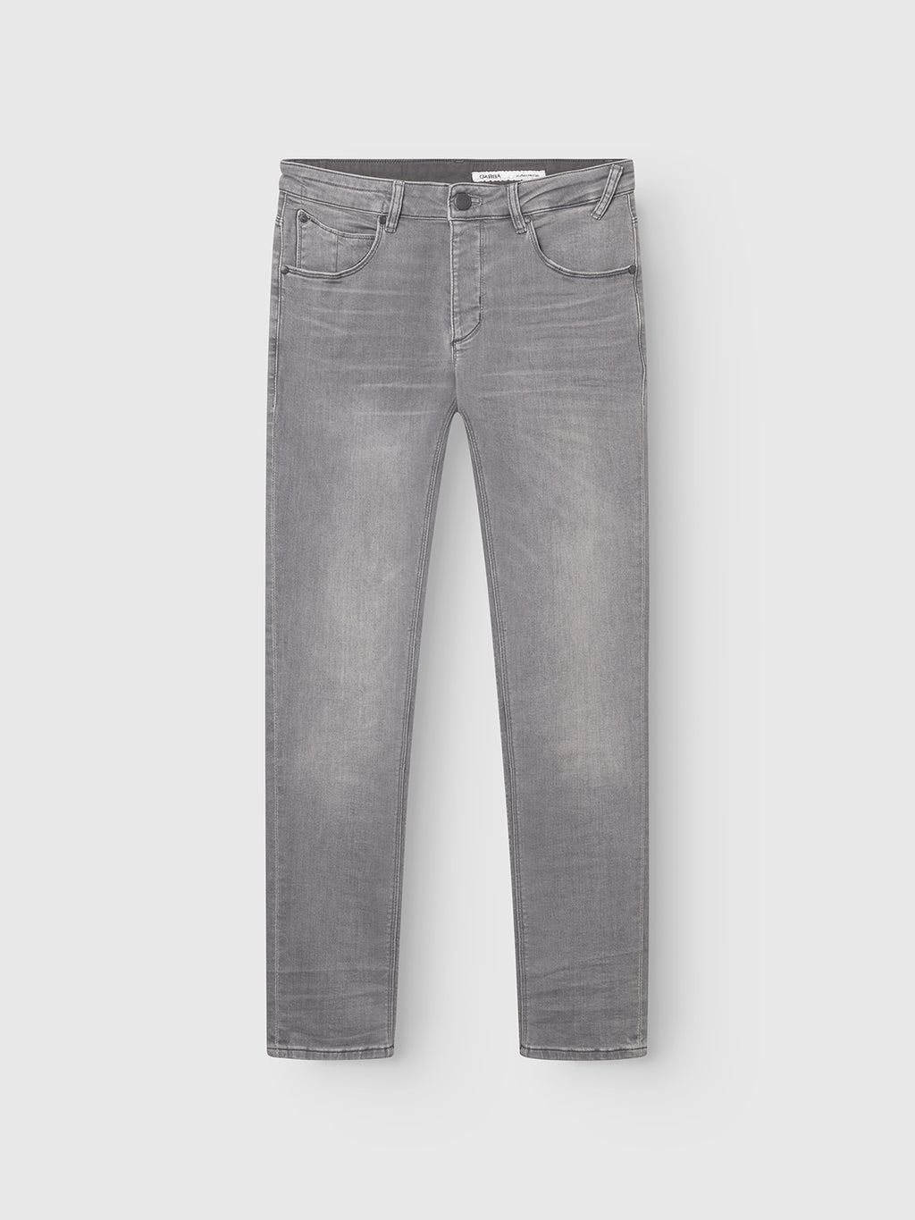 The GABBA GABrey K3454 - Denim wash features light gray straight leg jeans with front and back pockets, button and zipper closure, and subtle thigh fading—ideal for a relaxed style, shown on a plain white background.