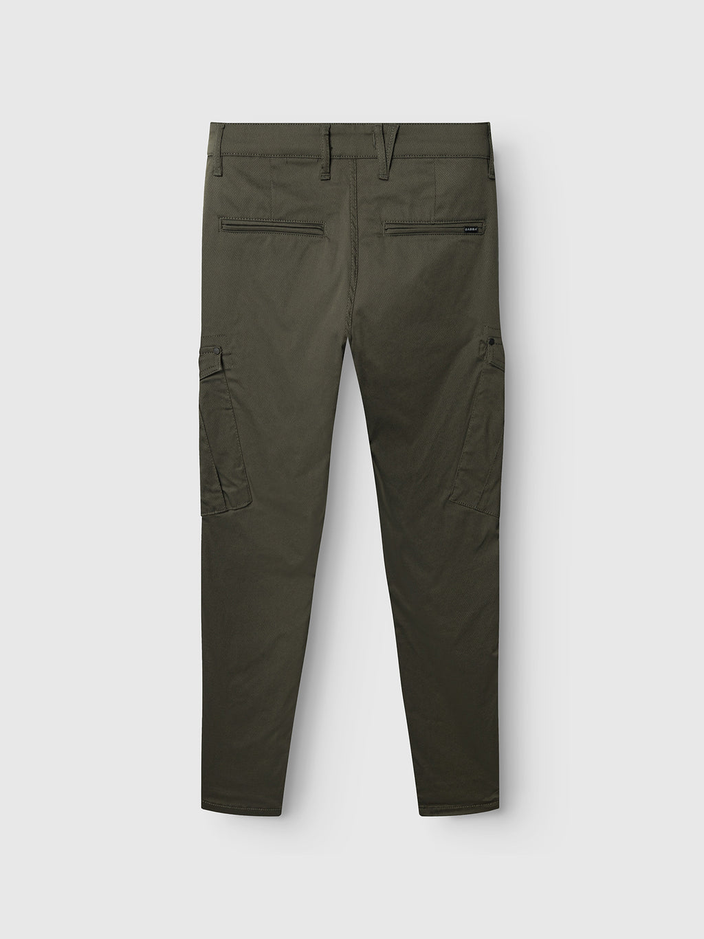 Back view of GABBA Pisa Cargo K3280 Dale Pants in Army: slim tapered fit with two zippered back pockets, belt loops, and large side flap pockets. Made from super stretch fabric for modern city style, shown against a light gray background.