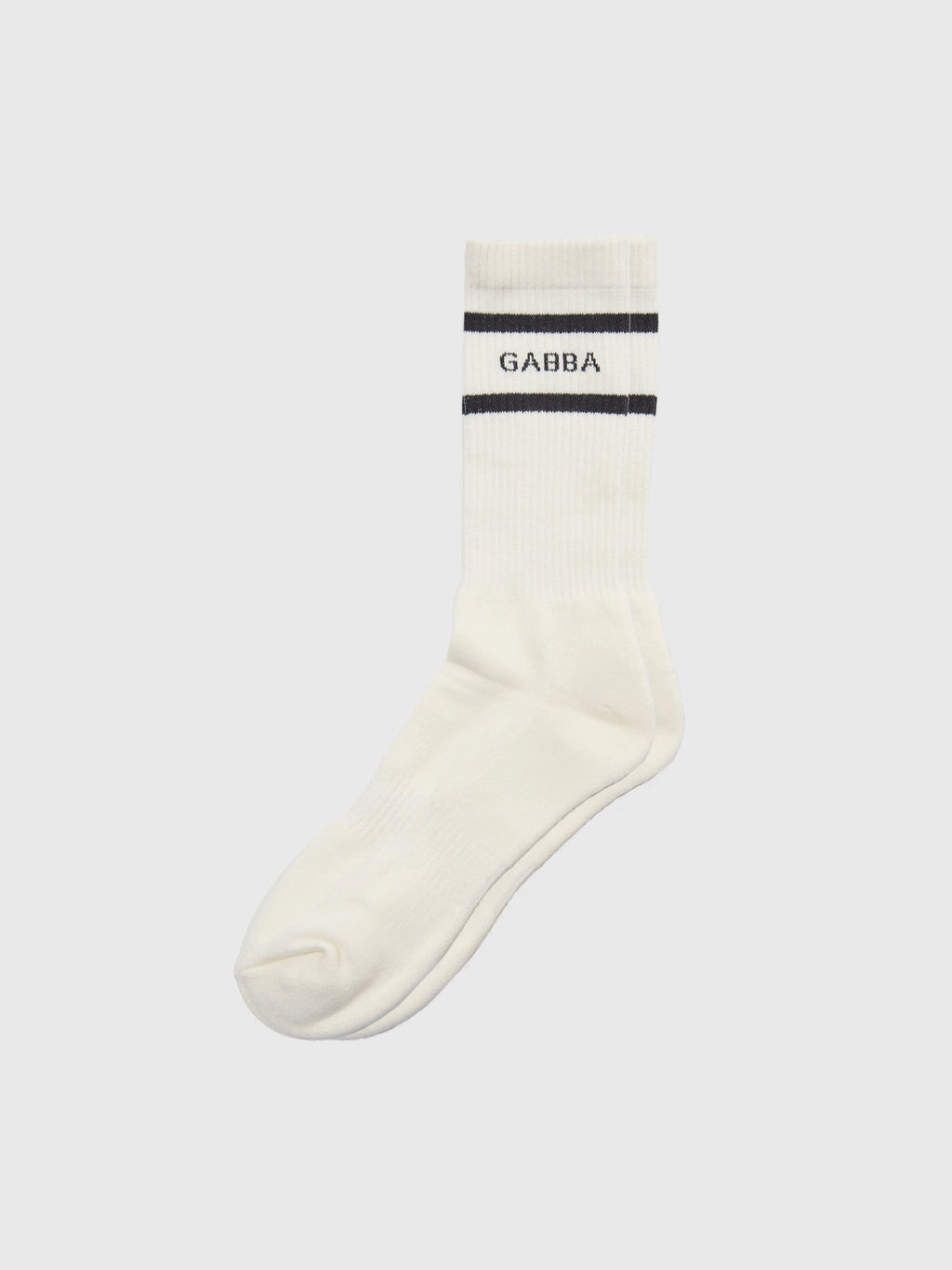 The GABBA Loris Socks - White feature two black stripes near the top and the signature Gabba logo displayed between them, all set against a plain light background. This versatile design offers a comfortable fit perfect for everyday wear.