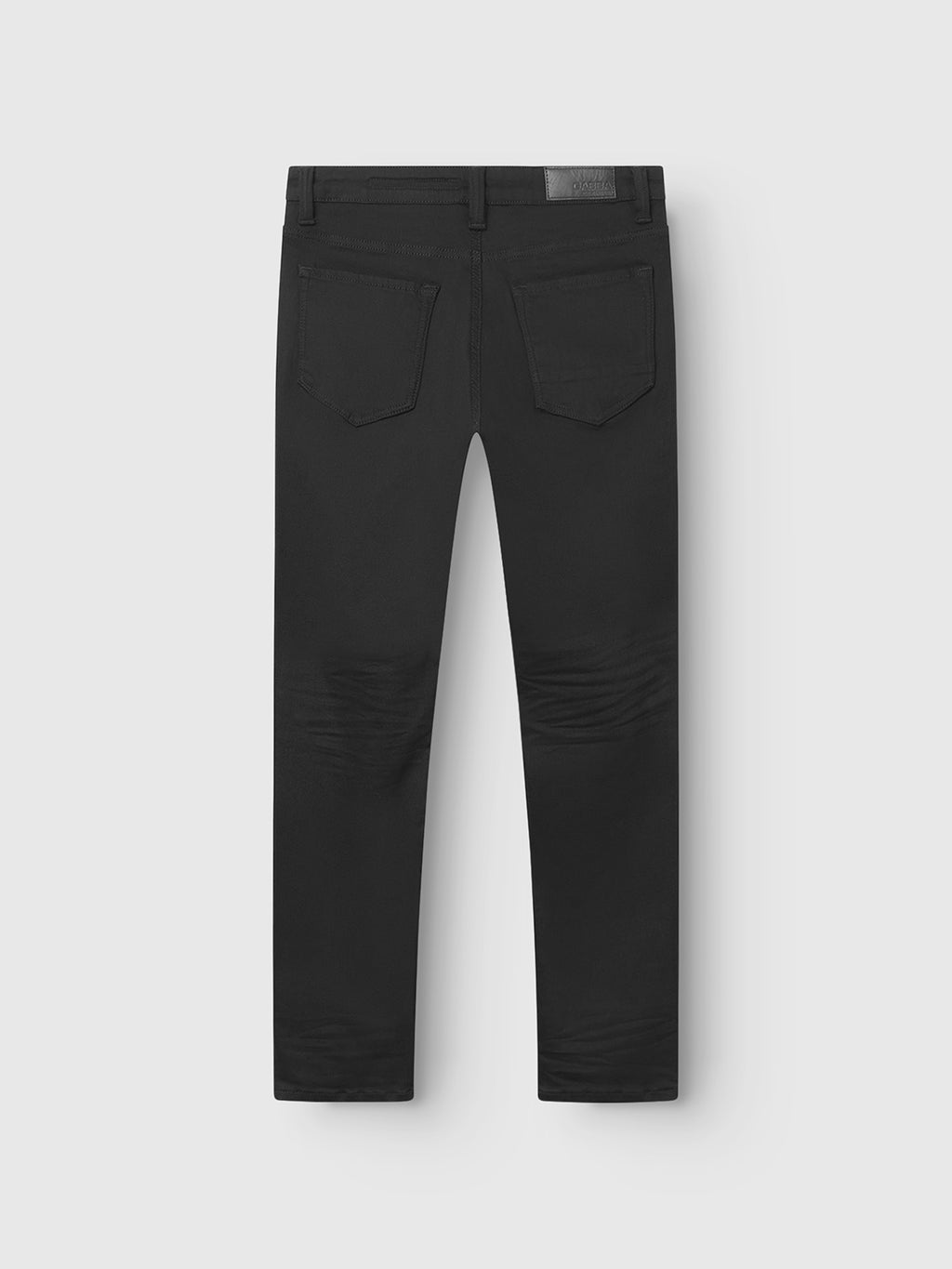 Back view of Gabba GABjones Hold Black - Black Denim slim jeans, made from super-stretch fabric with two rear pockets and subtle knee stitching, shown against a light grey background.
