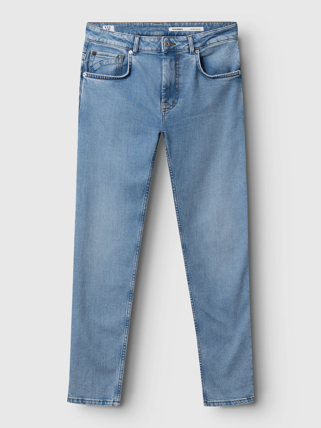 The Gabba GABmarc F1012 - Lt. Blue Denim jeans feature a classic fit, five-pocket design, button and zipper closure, and lightly faded details on the thighs and knees.
