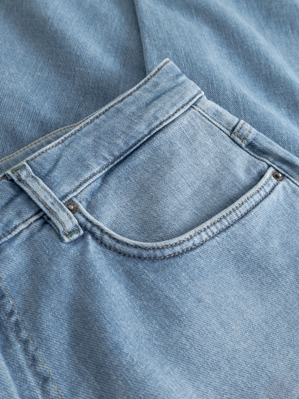 Close-up of the front pocket area on Gabba GABmarc Hobok Jeans in mid blue denim, highlighting the pocket stitching, waistband, and belt loop details.