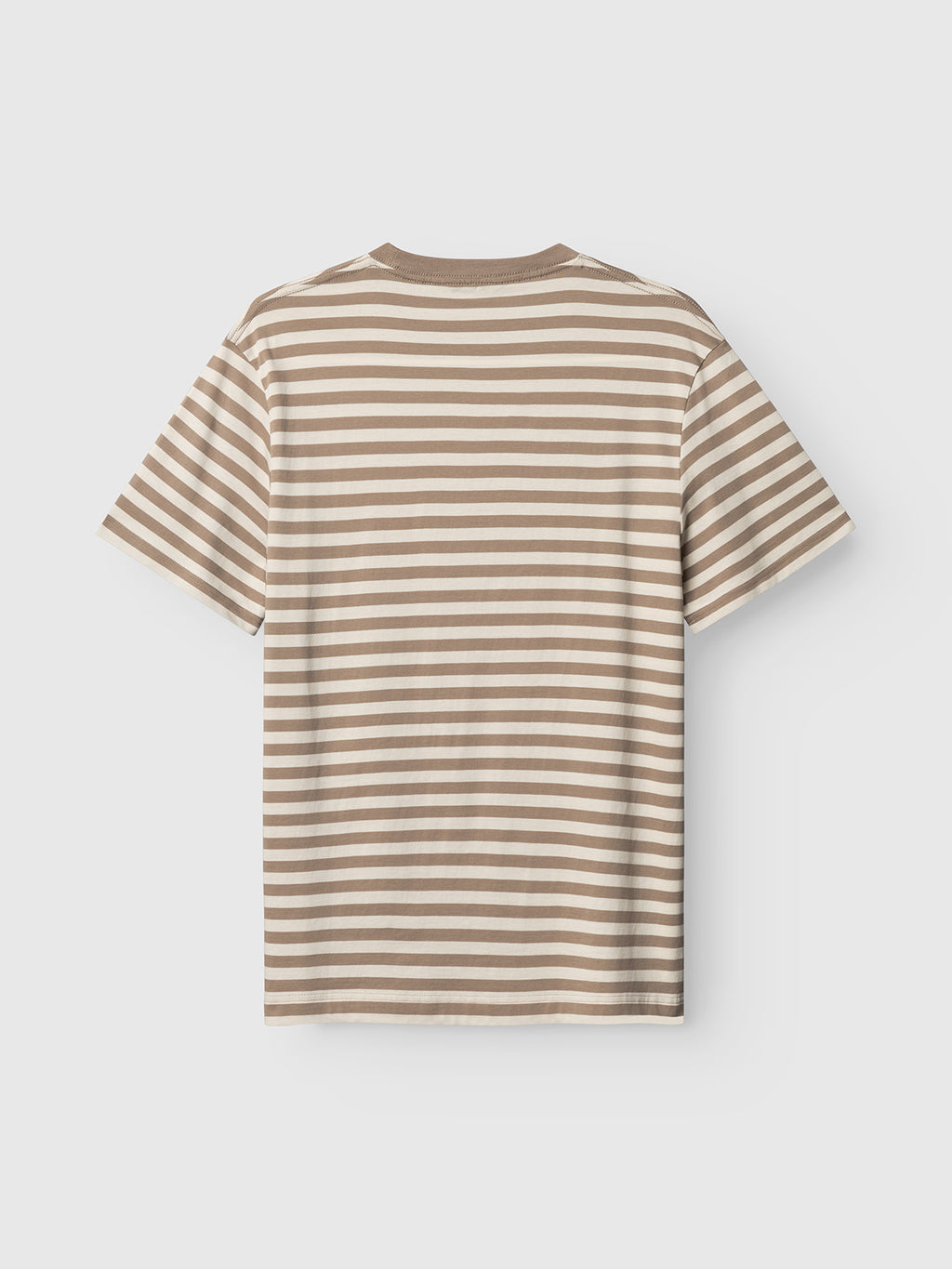 The Gabba GABdune Logo Stripes SS GOTS - Fungi is a short-sleeve, classic fit t-shirt featuring horizontal light beige and brown stripes in organic cotton, shown from the back against a plain white background.