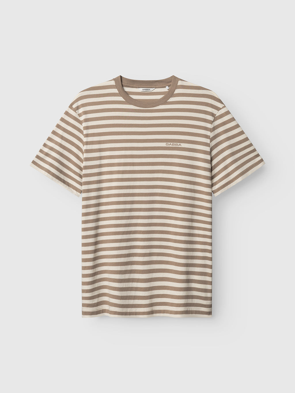 The Gabba GABdune Logo Stripes SS GOTS - Fungi is an organic cotton short-sleeve t-shirt featuring beige and white horizontal stripes, a beige collar, and 