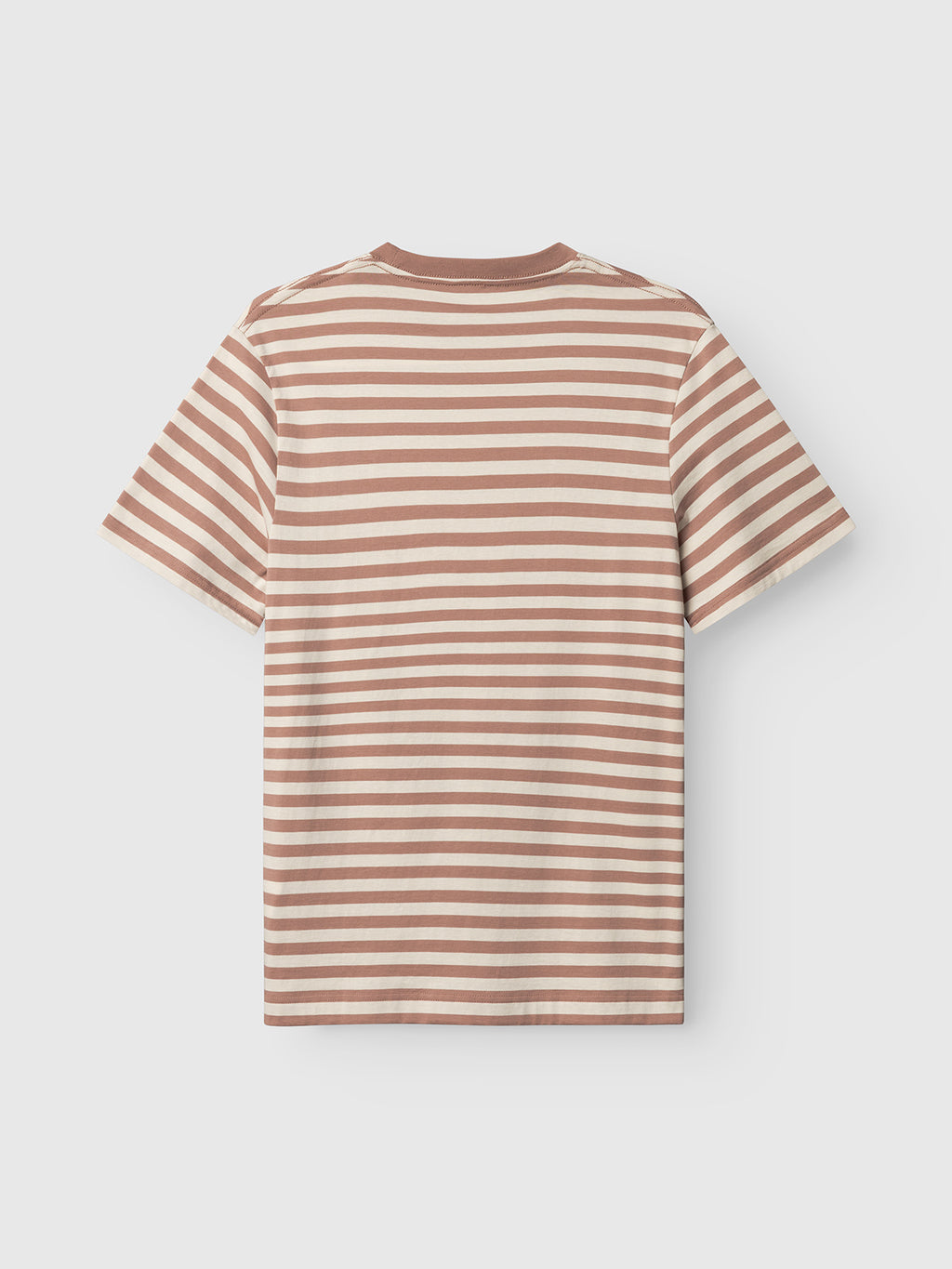 The Gabba GABdune Logo Stripes SS GOTS t-shirt in Wood Pink features beige and light brown horizontal stripes and short sleeves, displayed from the back against a white background.