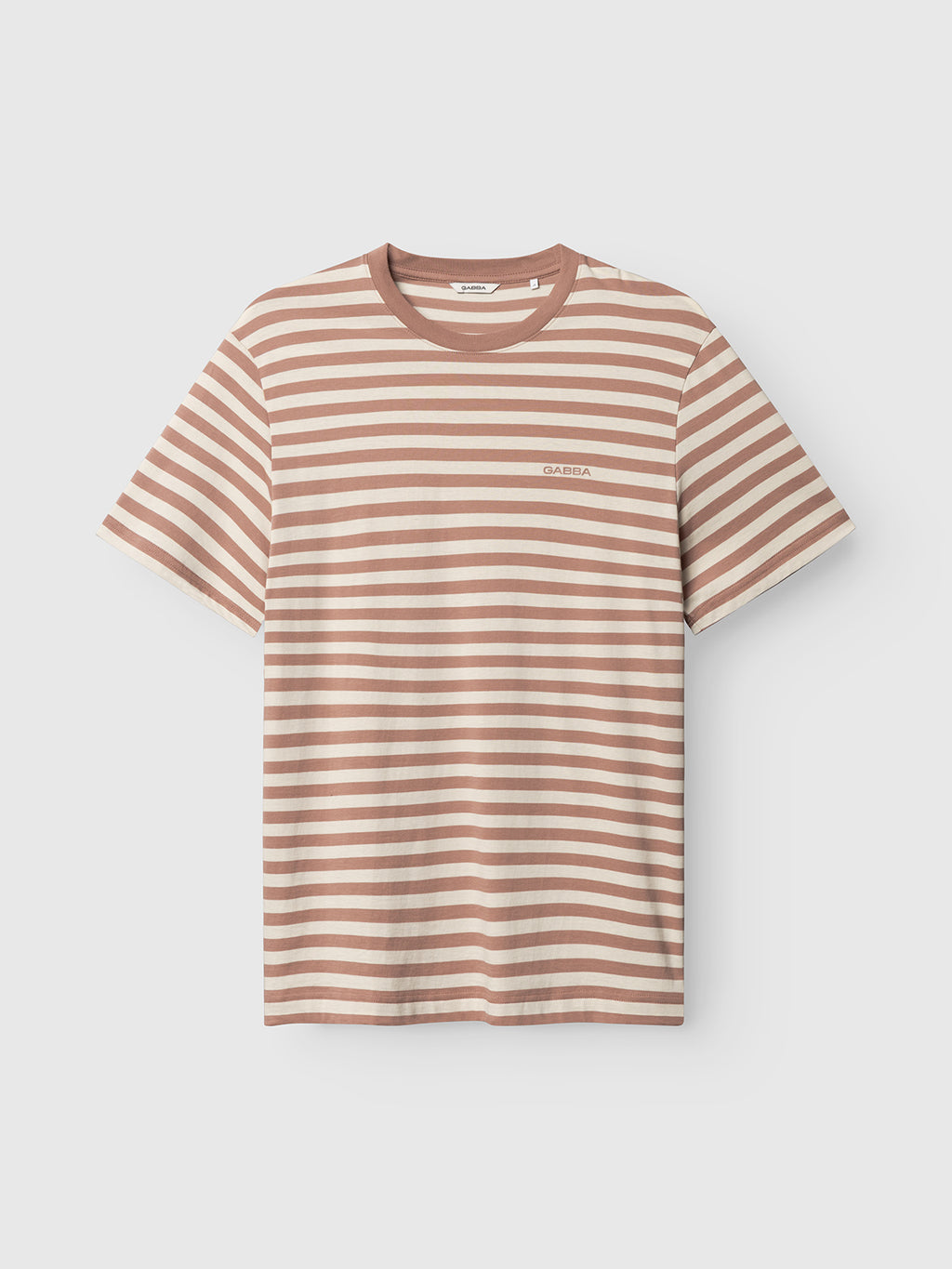 The Gabba GABdune Logo Stripes SS GOTS t-shirt in Wood Pink features beige and white stripes, a round neckline, small left chest logo, and is made from soft organic cotton. Displayed on a plain white background.
