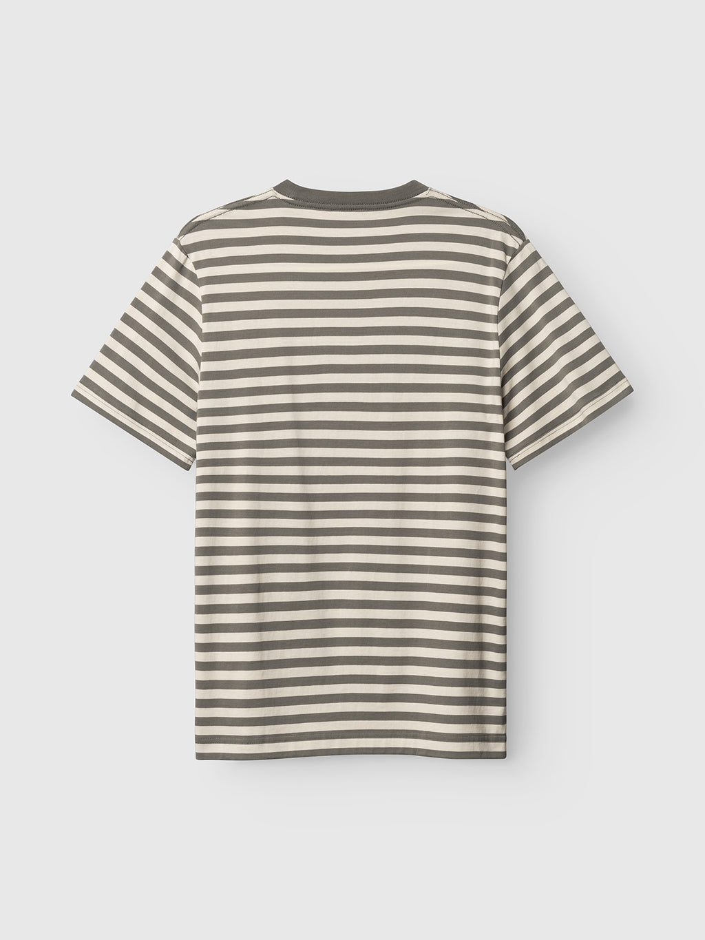 The Gabba GABdune Logo Stripes SS GOTS t-shirt in Castor Gray features horizontal dark gray and white stripes and is shown from the back against a plain white background.