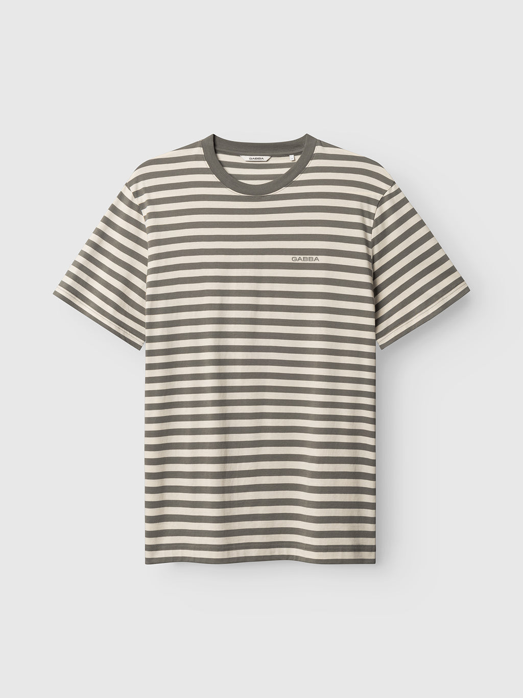 The Gabba GABdune Logo Stripes SS GOTS in Castor Gray is an organic cotton short-sleeve tee with horizontal black and white stripes, a dark crew neck, and a subtle logo on the left chest.