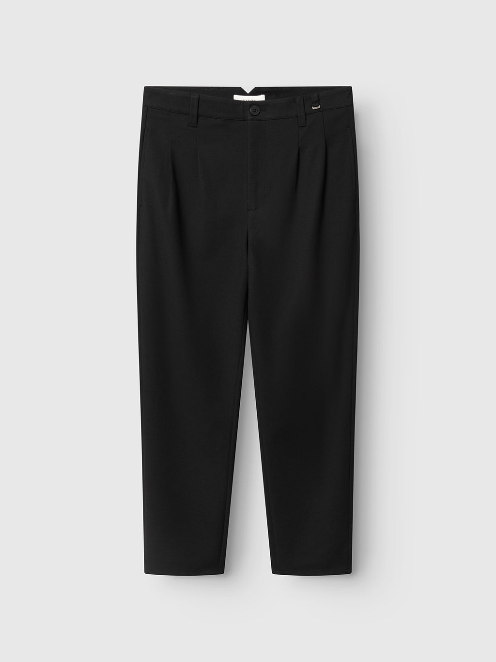 The Gabba GABfirenze Phin Cropped GRS - Black trousers feature a regular fit, button and zip closure, belt loops, and front pleats, shown against a light gray background.