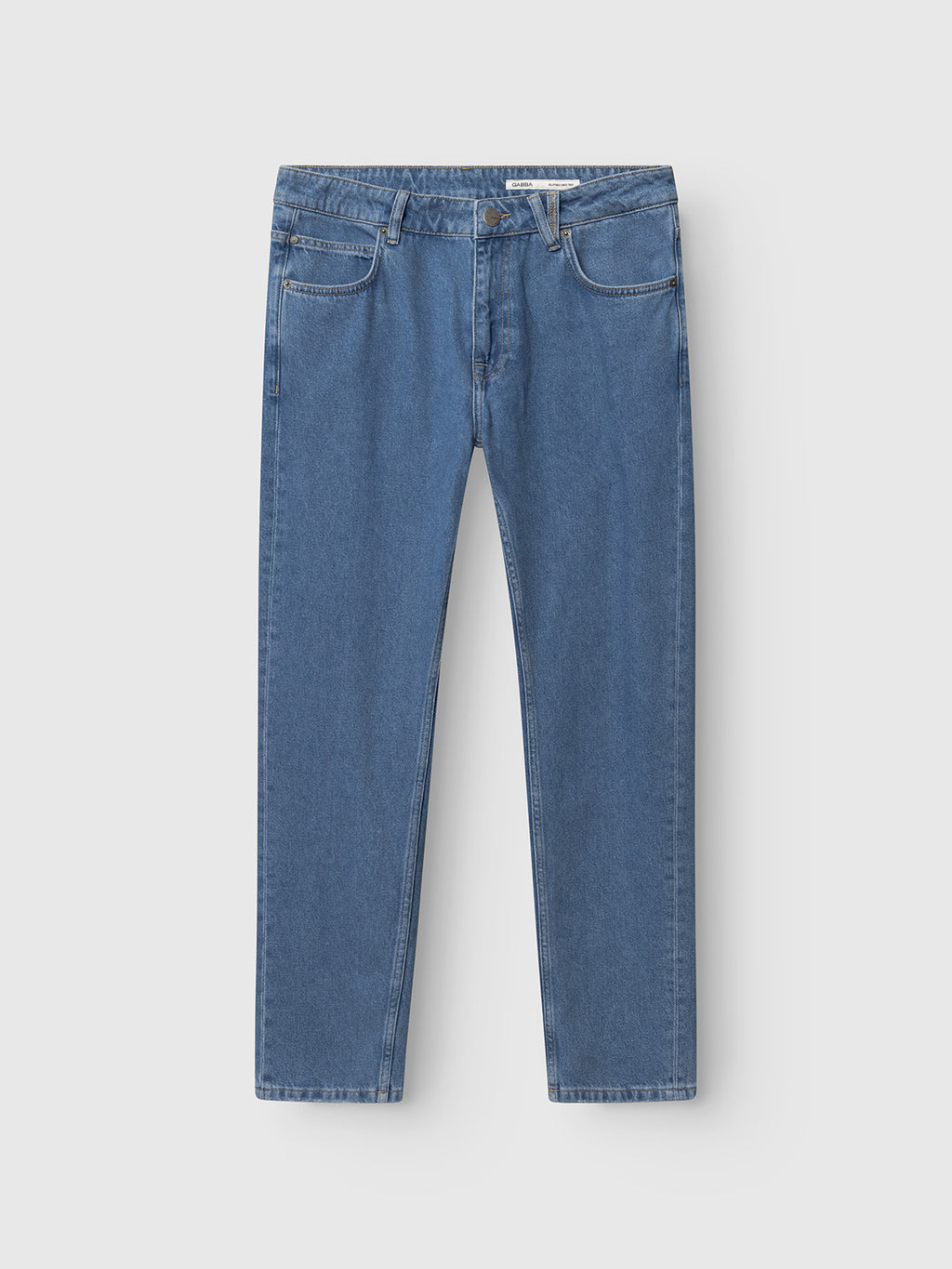 Gabba GABmarc 5poc Mid Jeans in mid blue denim feature a classic regular fit, straight-leg cut, 5-pocket design, and button-zip closure, shown flat on a white background.