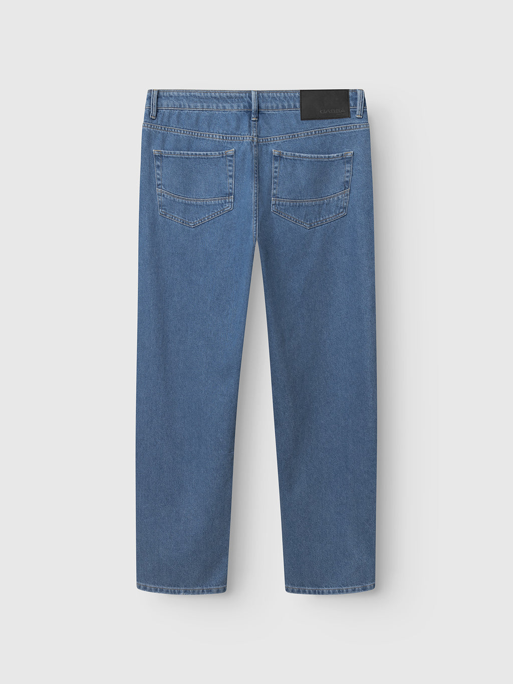 Back view of Gabba GABmax 5poc Mid Jeans in mid blue denim, featuring a straight-leg relaxed fit, two back pockets, black leather waistband patch, and visible stitching on a plain white background.