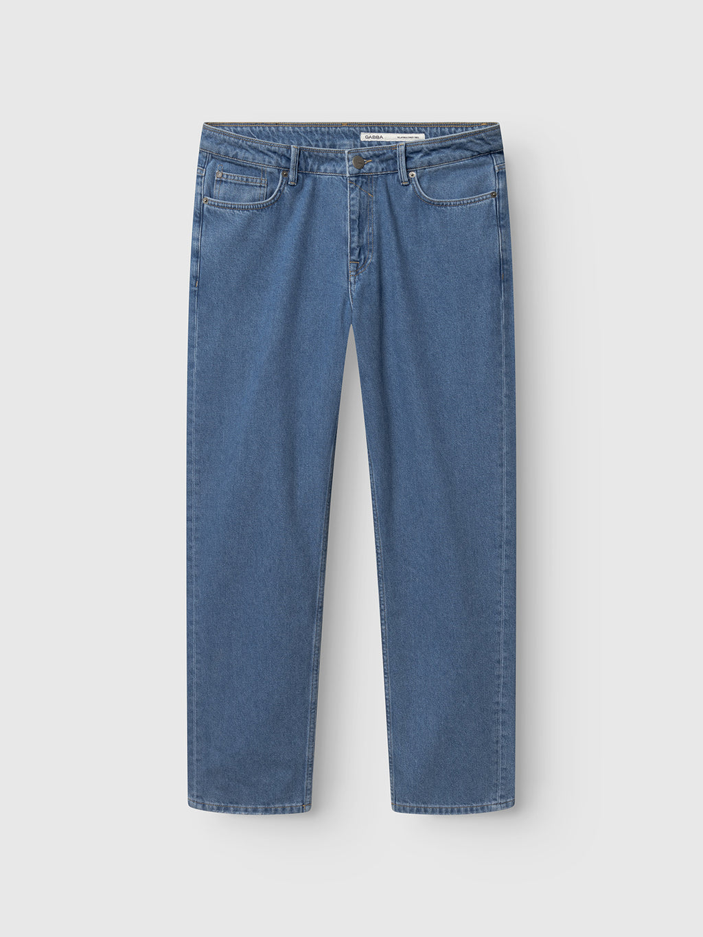 The Gabba GABmax 5poc Mid Jeans in mid blue denim are relaxed-fit, 100% cotton jeans with classic five-pocket styling and a button closure, shown laid flat on a white background.