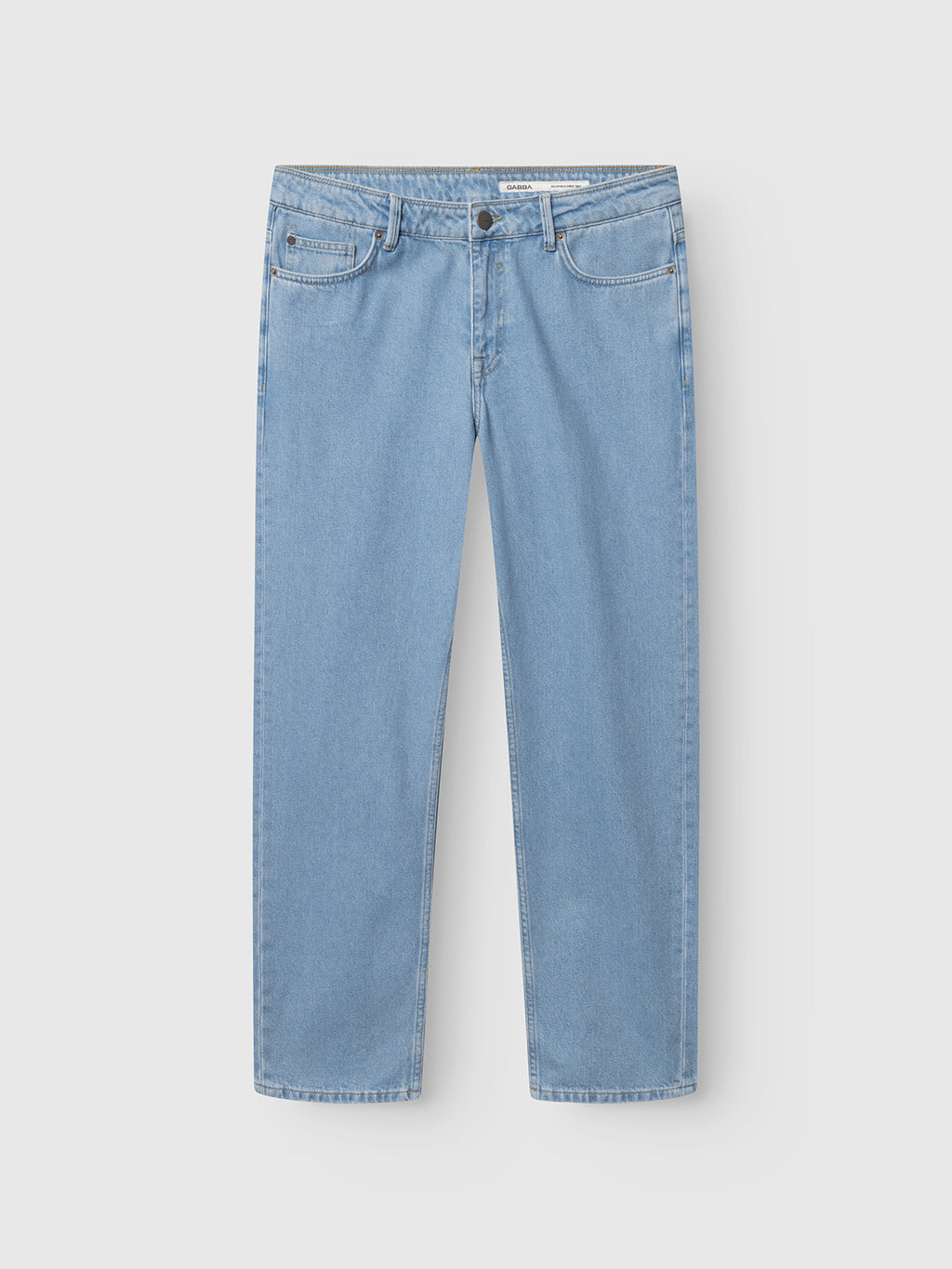Gabba GABmax 5poc Lig Jeans in light blue denim feature a straight-leg, relaxed fit with button and zipper closure, shown laid flat on a white background.
