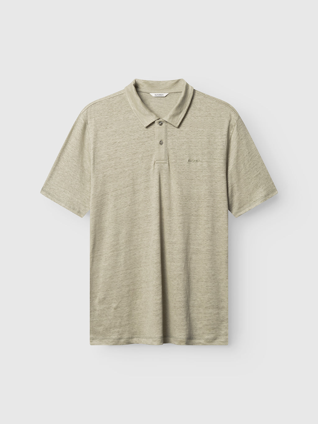 Gabba GABdune Polo Linen SS T-Shirt in Mineral Gray features short sleeves, a classic polo collar, three-button placket, and subtle Gabba logo, shown against a plain white background.