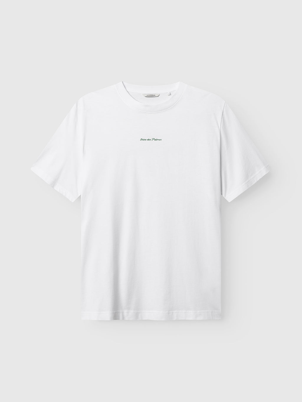 The Gabba GABnigel NBH SS T-Shirt GOTS - White is a regular-fit, plain white O-neck tee with small green 
