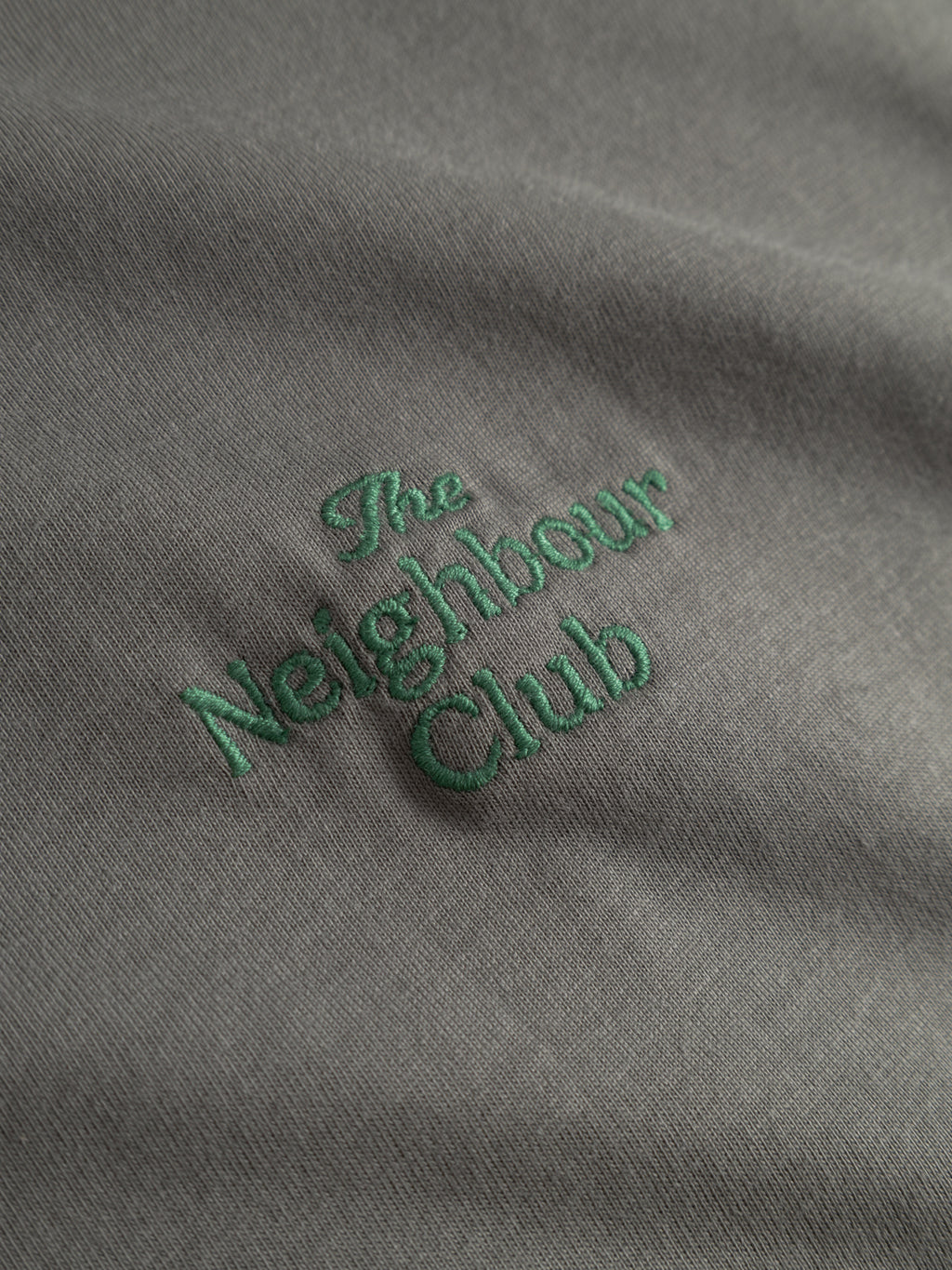 Close-up of Gabba’s GABnigel Boxy NBH SS T-shirt in Castor Gray, made from organic cotton with green 