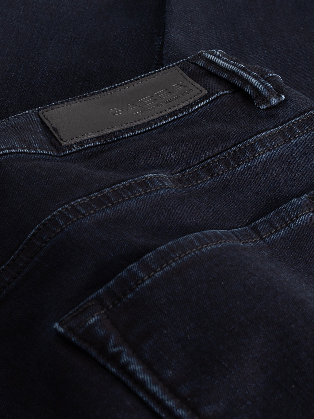 Close-up of Gabba GABjones BlueBlack - Blue Black Denim jeans with visible stitching, front pocket, and black leather waistband patch, designed for all-day comfort and a slim straight fit.