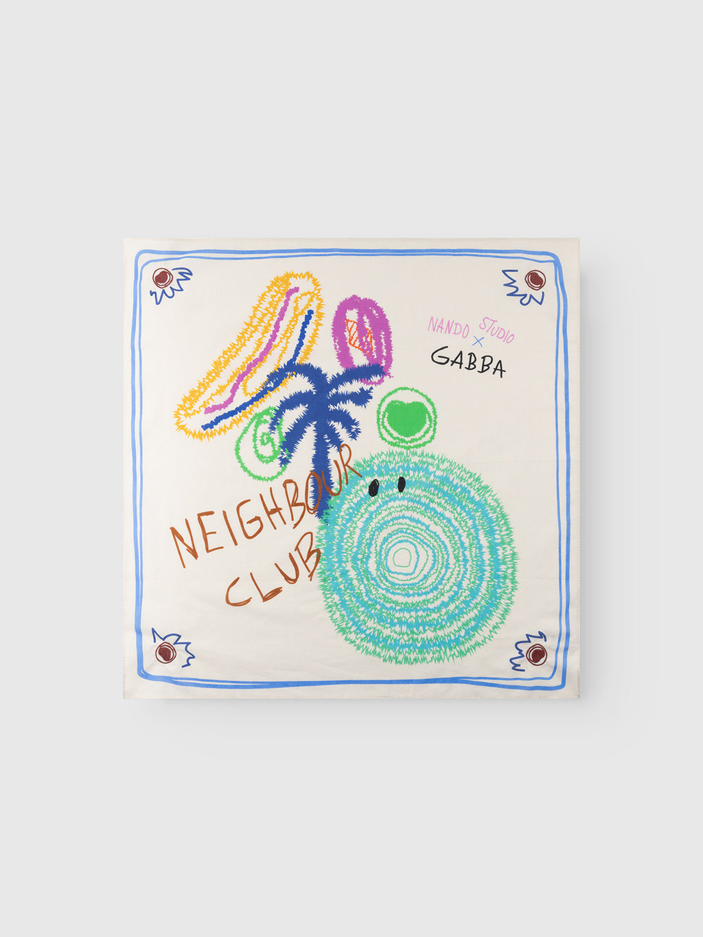 The GABnando Bandana - Multi Pattern by Gabba is a soft white cotton-blend bandana with colorful abstract scribbles, circles, bold NEIGHBOUR CLUB text, Nando Studio x Gabba branding, and a blue border with brown corner circles.