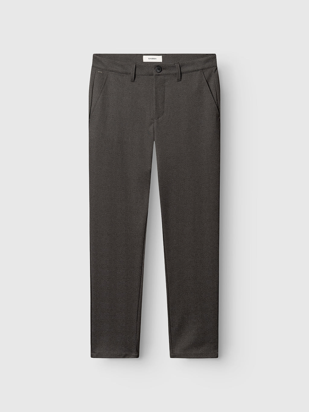 The Gabba GABpaul Nygo - Grey pants are slim, straight-fit dress pants in dark gray with side pockets, front button and zip closure, made from comfort stretch fabric, shown against a plain light background.