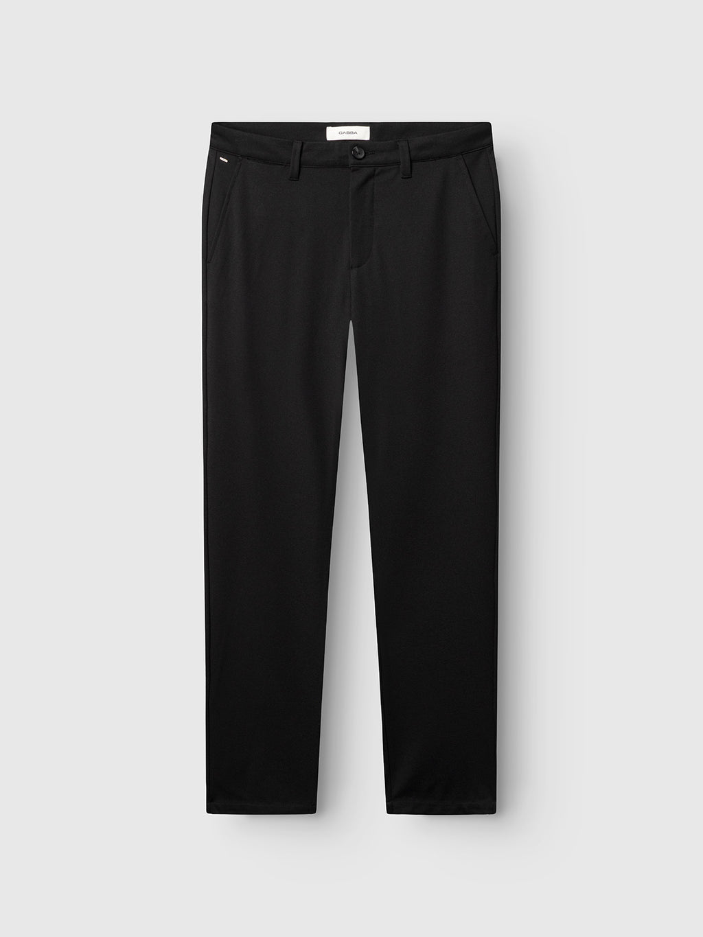 The Gabba GABpaul Nygo - Black tailored slim straight trousers, made from a soft viscose blend for stretch comfort, feature belt loops, side pockets, and a button and zip closure, displayed flat on a light gray background.