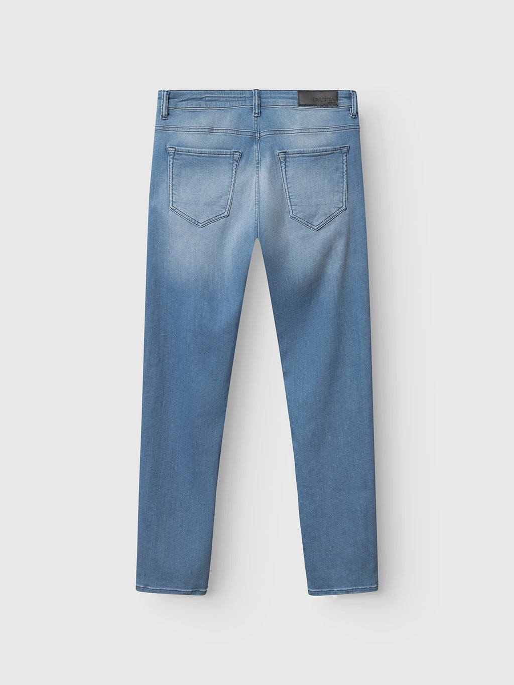 Back view of GABjones Mik Jeans by Gabba in light blue denim, featuring two back pockets, faded details, belt loops, a black waistband label, and premium fabric—displayed on a plain white background.