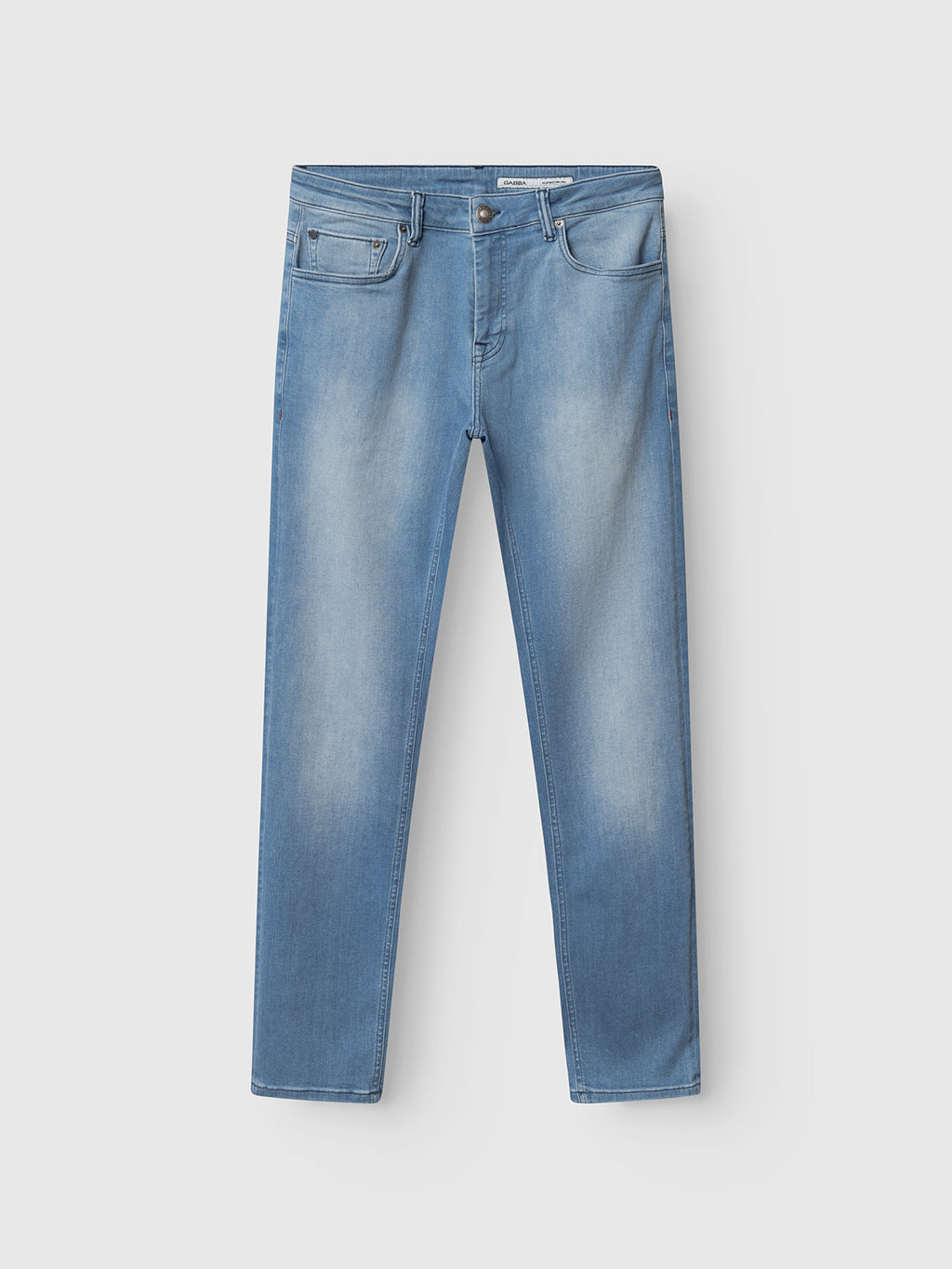 Gabba GABjones Mik Jeans in light blue denim, featuring a straight leg, five pockets, belt loops, and a button closure, shown laid flat on a white background.