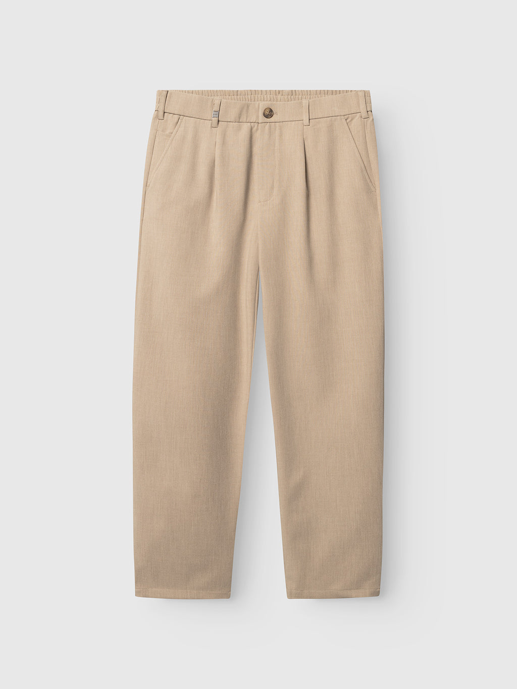 The Gabba GABnapoli 19 Phin GRS - Sand Plaza chinos feature a beige wool blend, regular straight fit, elastic back waistband, belt loops, button and zip closure, front pleats, and side pockets on a plain white background.