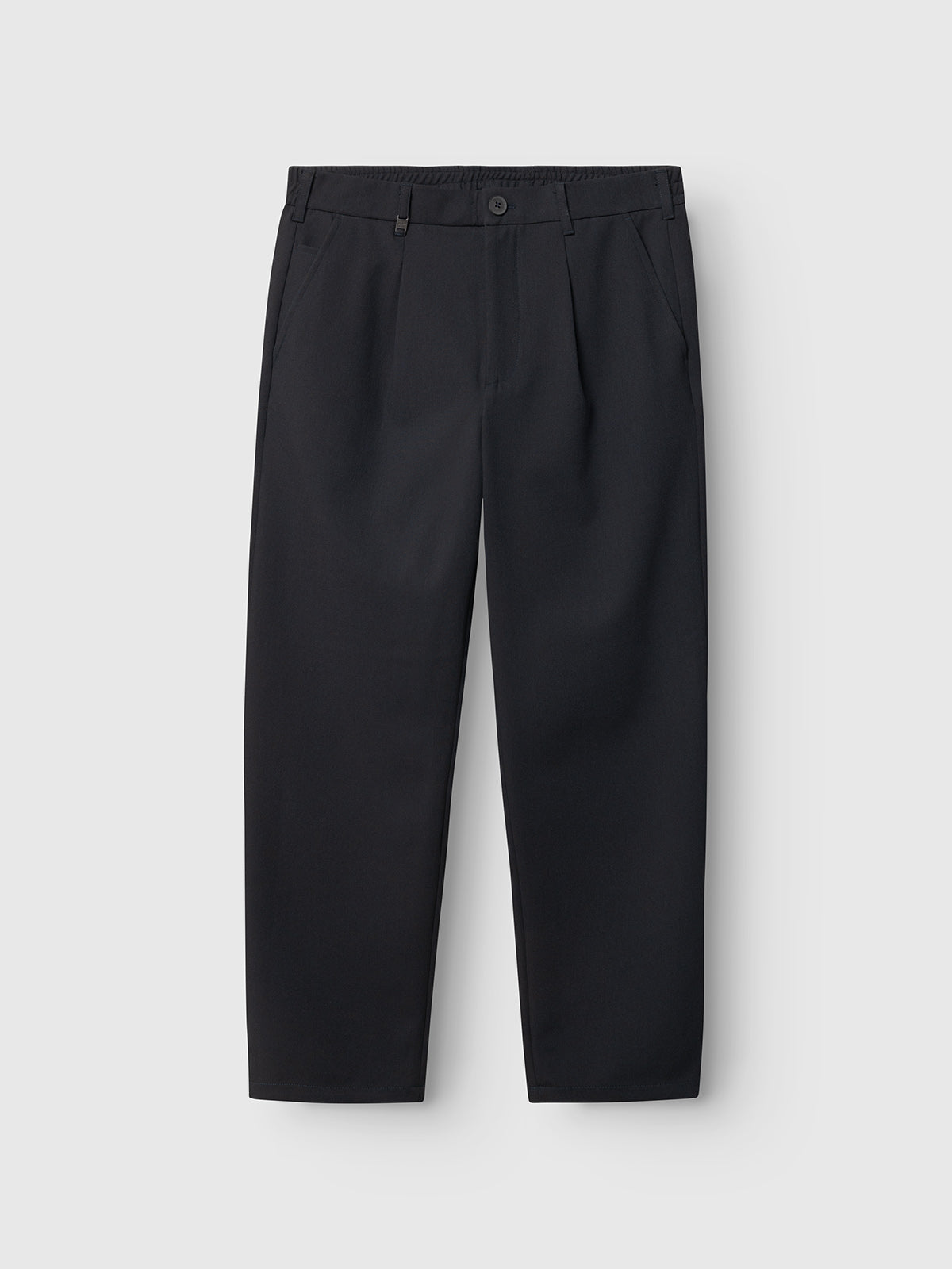 The Gabba GABnapoli 19 Phin GRS - Blue Black dress pants in a wool blend chino fabric feature a regular straight fit, front pleats, side pockets, belt loops, and button closure, shown laid flat on a light gray background.