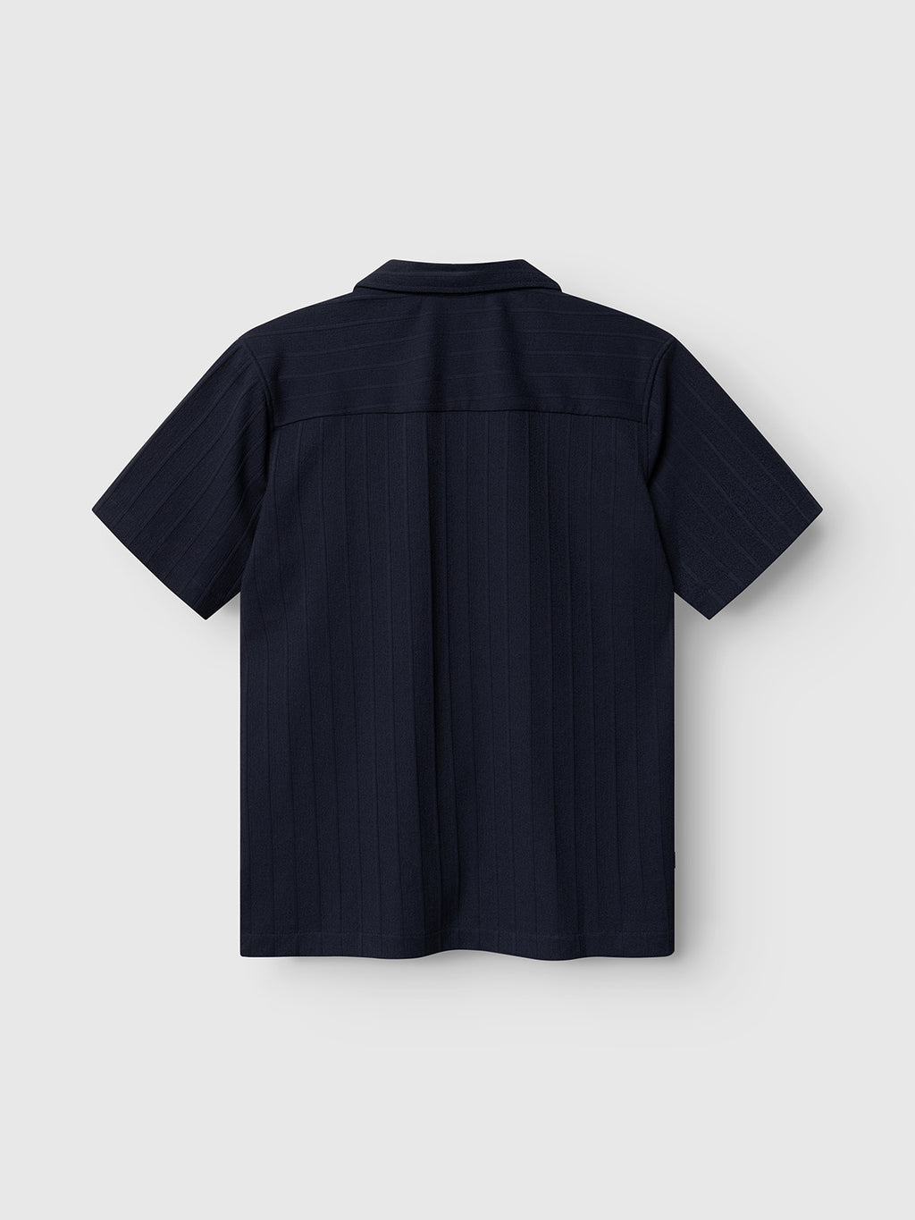 The Gabba GABvalente Armor SS T-Shirt in navy features short sleeves, subtle vertical stripes, a resort collar, and is shown from the back against a plain light gray background.