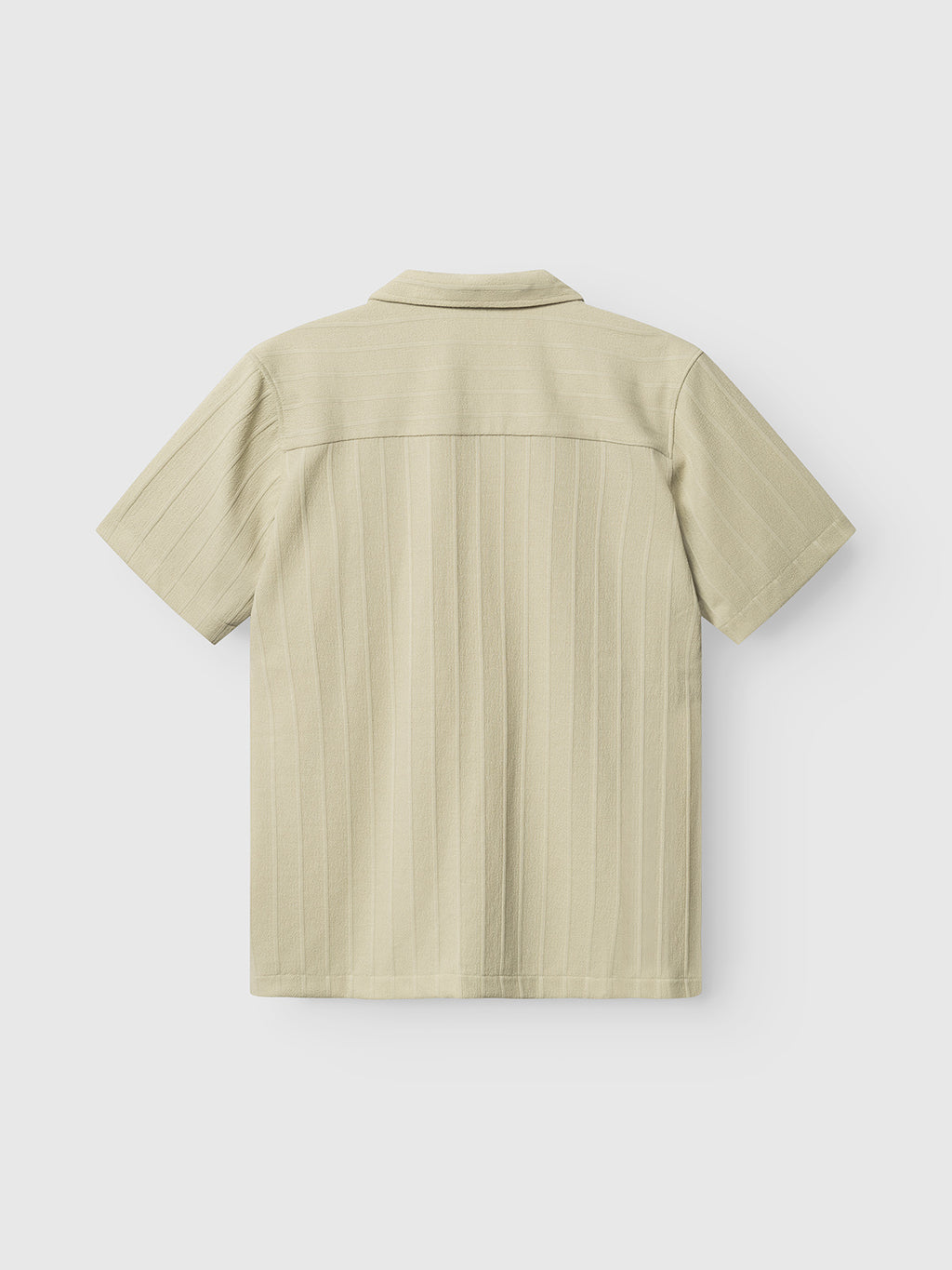 The Gabba GABvalente Armor SS T-Shirt in Alfa Green is a cotton-blend short-sleeve shirt viewed from the back, featuring a subtle vertical stripe pattern and a flat, resort collar.