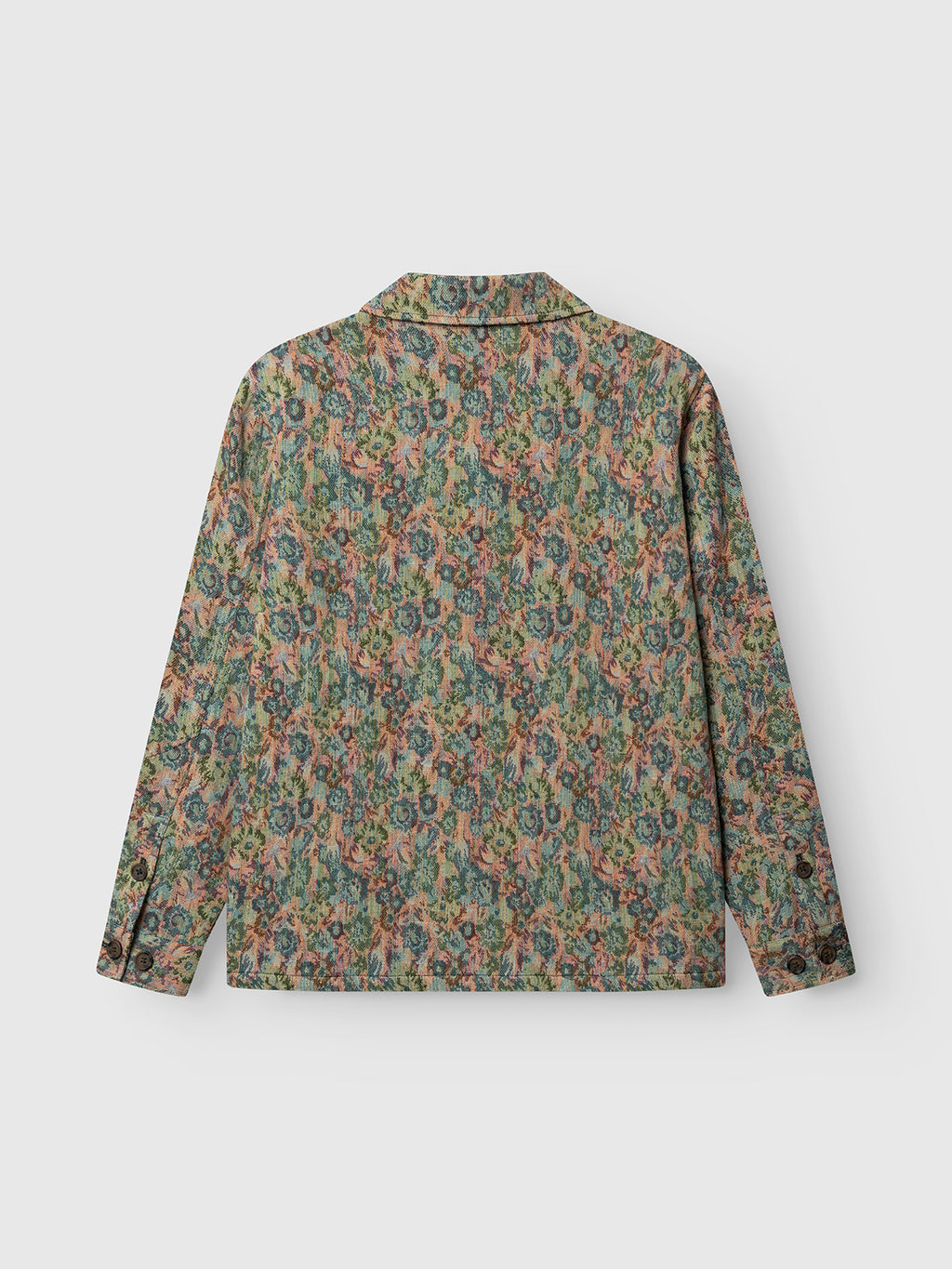 The Gabba GABaustin POKT Kscope LS Overshirt features an abstract floral print in green, orange, and blue. With a collar and buttoned cuffs, it's the perfect long-sleeve layering piece for cooler days.