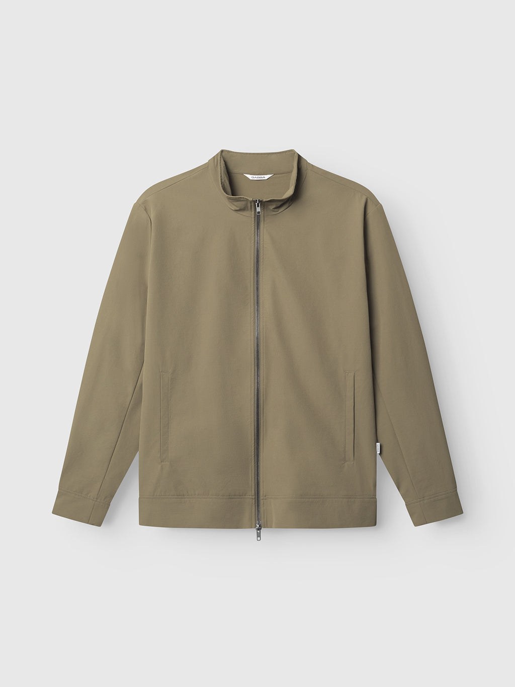 The Gabba GABnik Tech - Army is a light olive green zip-up jacket with a stand collar, long sleeves, and two side pockets, made from durable tech material—ideal for an on-the-go lifestyle. Shown on a plain white background.