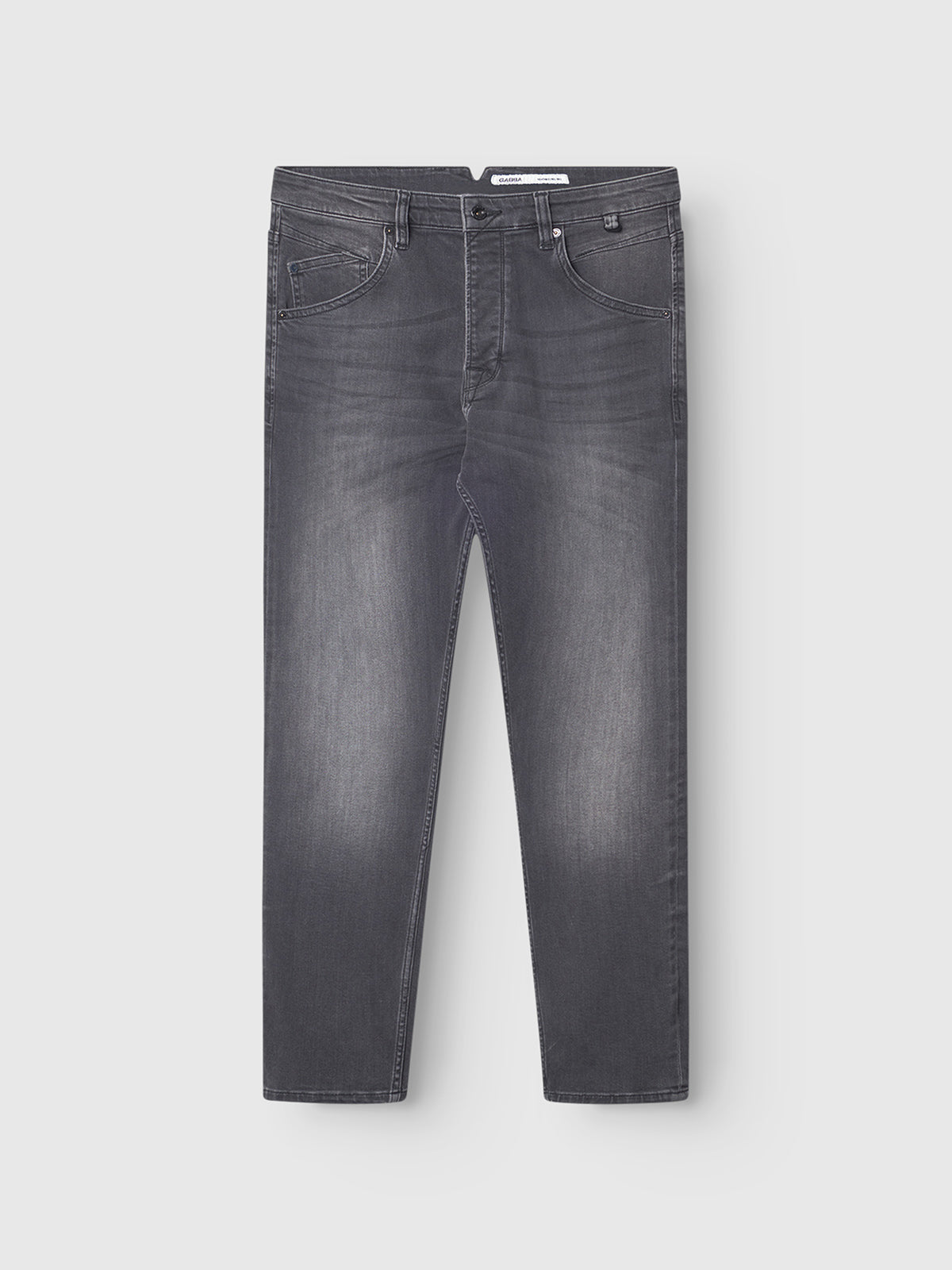 Introducing the GABalex Thor Cropped Jeans - Denim wash from GABBA: These straight-leg, faded gray jeans feature a relaxed tapered fit with front and back pockets, button closure, and belt loops. Crafted from contemporary denim and showcased against a white background, they offer versatile style for everyday wear.