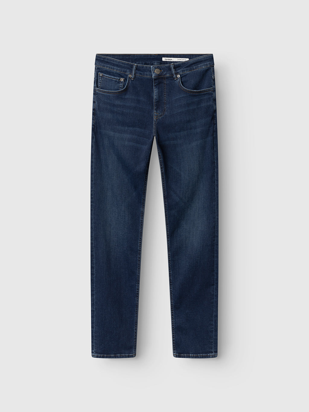 Introducing the GABjones Dhera Jeans by Gabba—a pair of classic slim straight fit jeans in mid blue denim, featuring front and back pockets, a button closure, and visible stitching. Crafted from comfortable superstretch denim, these jeans are showcased laid flat on a white background.