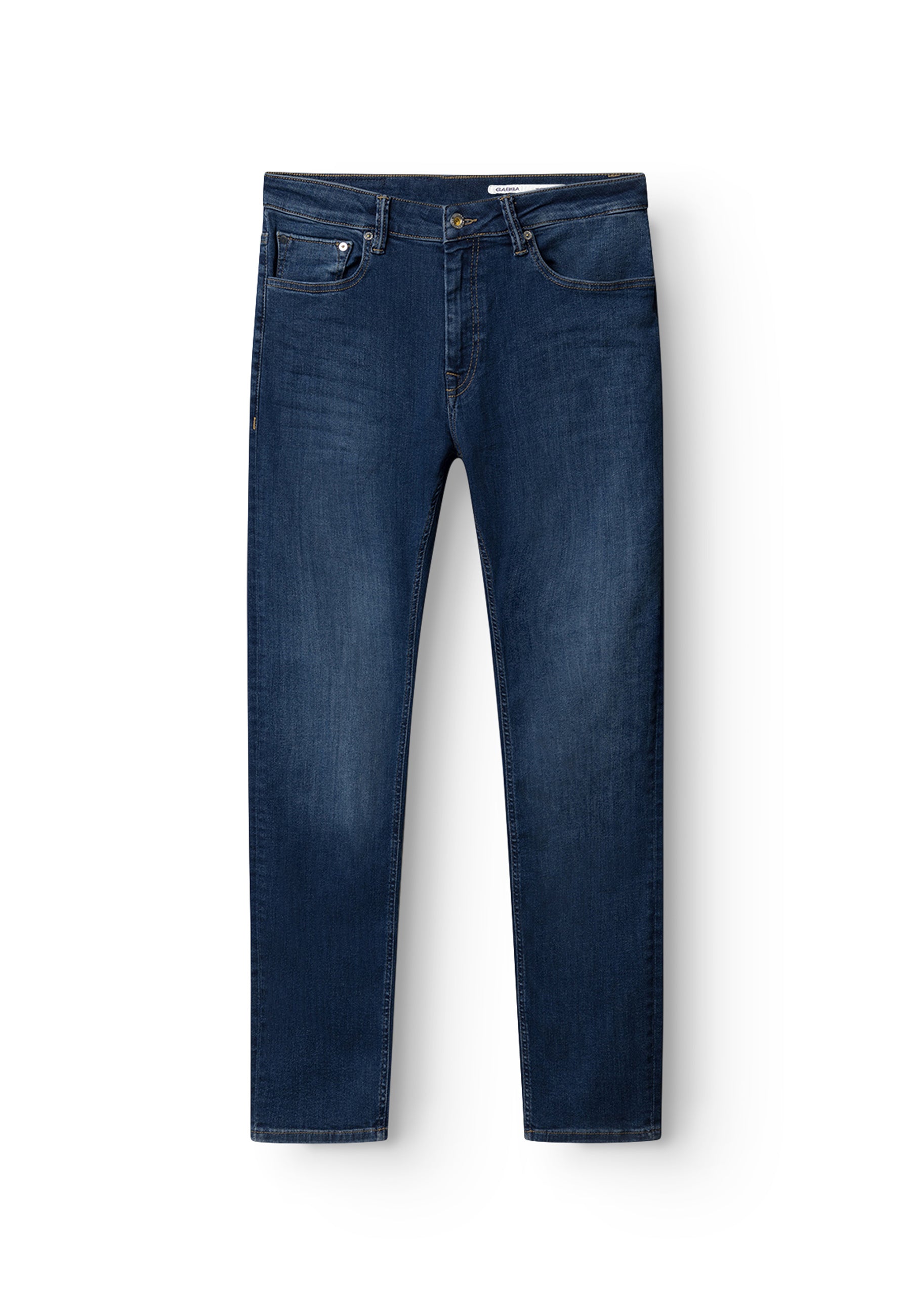 Gabba GABjones K3870 Mid Blue Denim jeans feature a slim straight fit, straight leg cut, five pockets, and button-zip closure, shown laid flat on a white background.