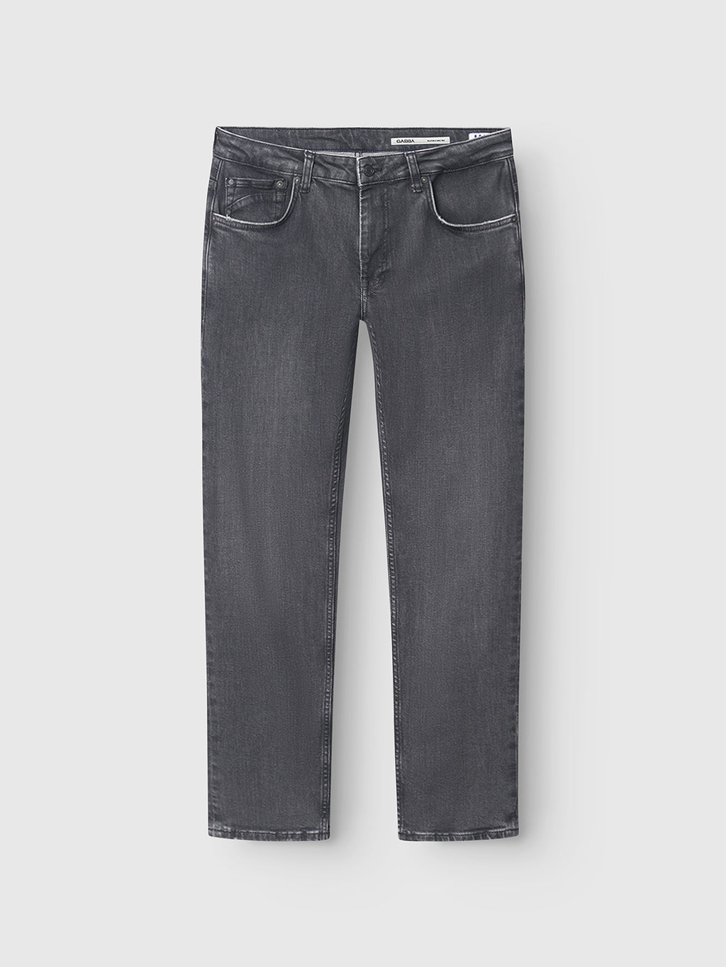 The Gabba GABmarc F1011 black denim jeans feature a straight fit, five pockets, and white stitching, displayed flat on a light gray background.