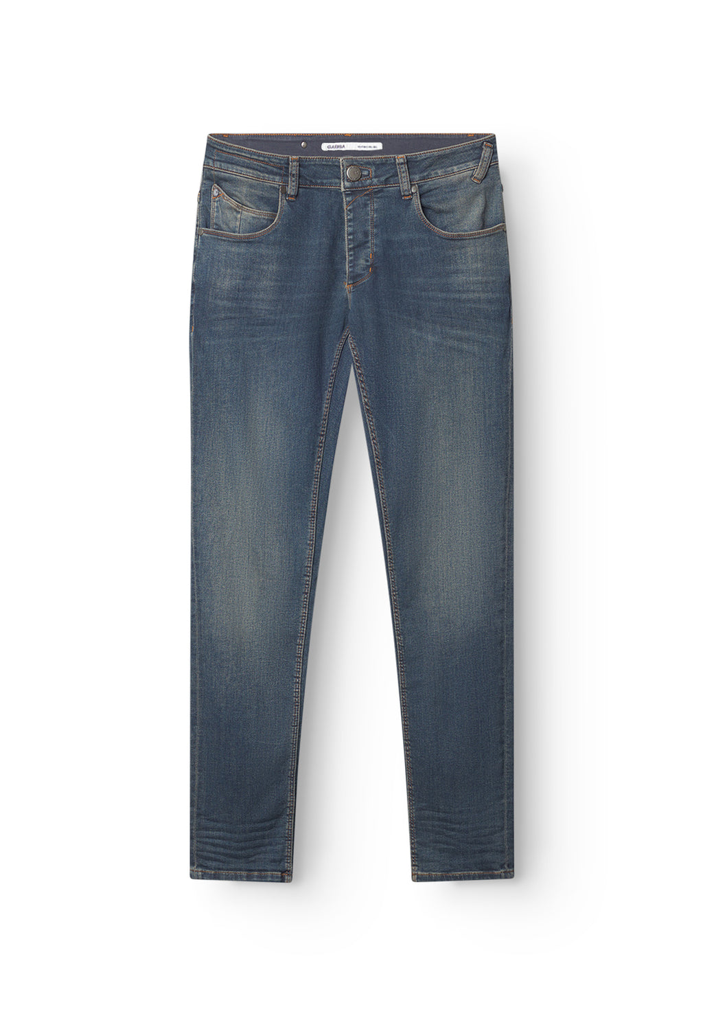 GABBA GABrey K3606 Mid Blue Jeans in mid blue denim feature a slim fit, light thigh fading, five pockets, and a button-zip closure, shown laid flat on a white background for a relaxed vibe.