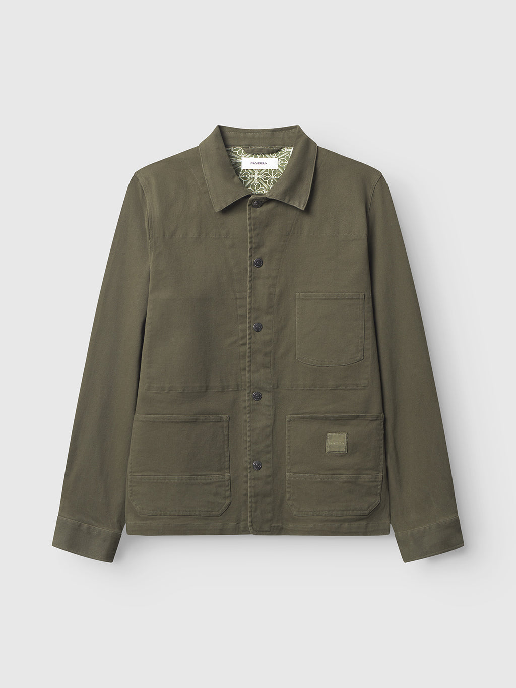 The Gabba GABbeta Twill - Army is an olive green chore jacket in garment-dyed twill, with a collar, button-down front, and four front pockets including one on the chest, shown laid flat on a plain light background.
