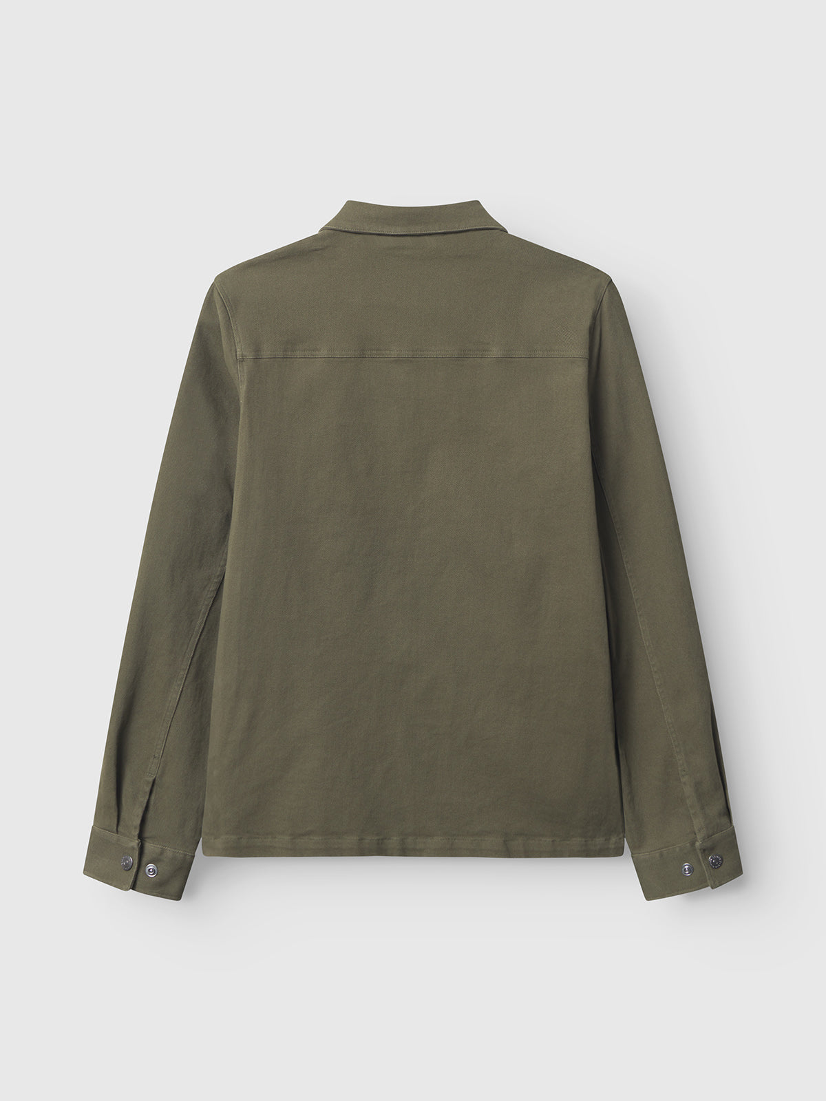 The Gabba GABbeta Twill - Army overshirt, shown from the back against a white background, features an olive green hue, long sleeves, a pointed collar, buttoned cuffs, and a straight hem in dyed twill fabric.