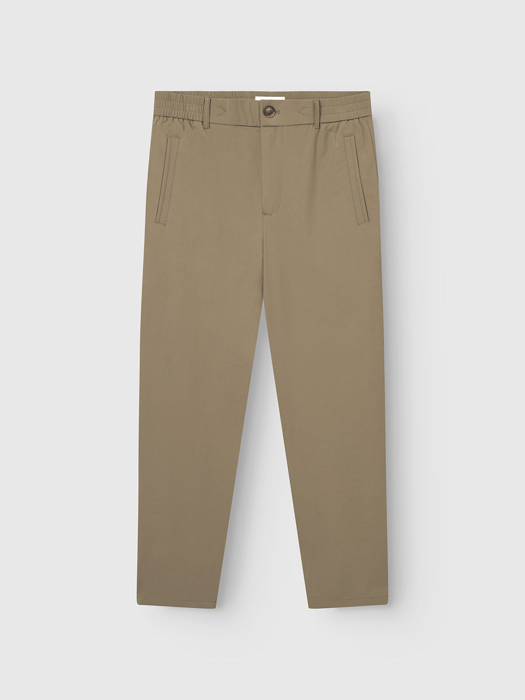 GABmonza Tech - Army by Gabba: Army-colored, straight-leg pants featuring a relaxed fit and crafted from durable technical fabric. Designed with an elasticated waistband, belt loops, button closure, and two slanted front pockets, they are displayed laid flat on a white background.