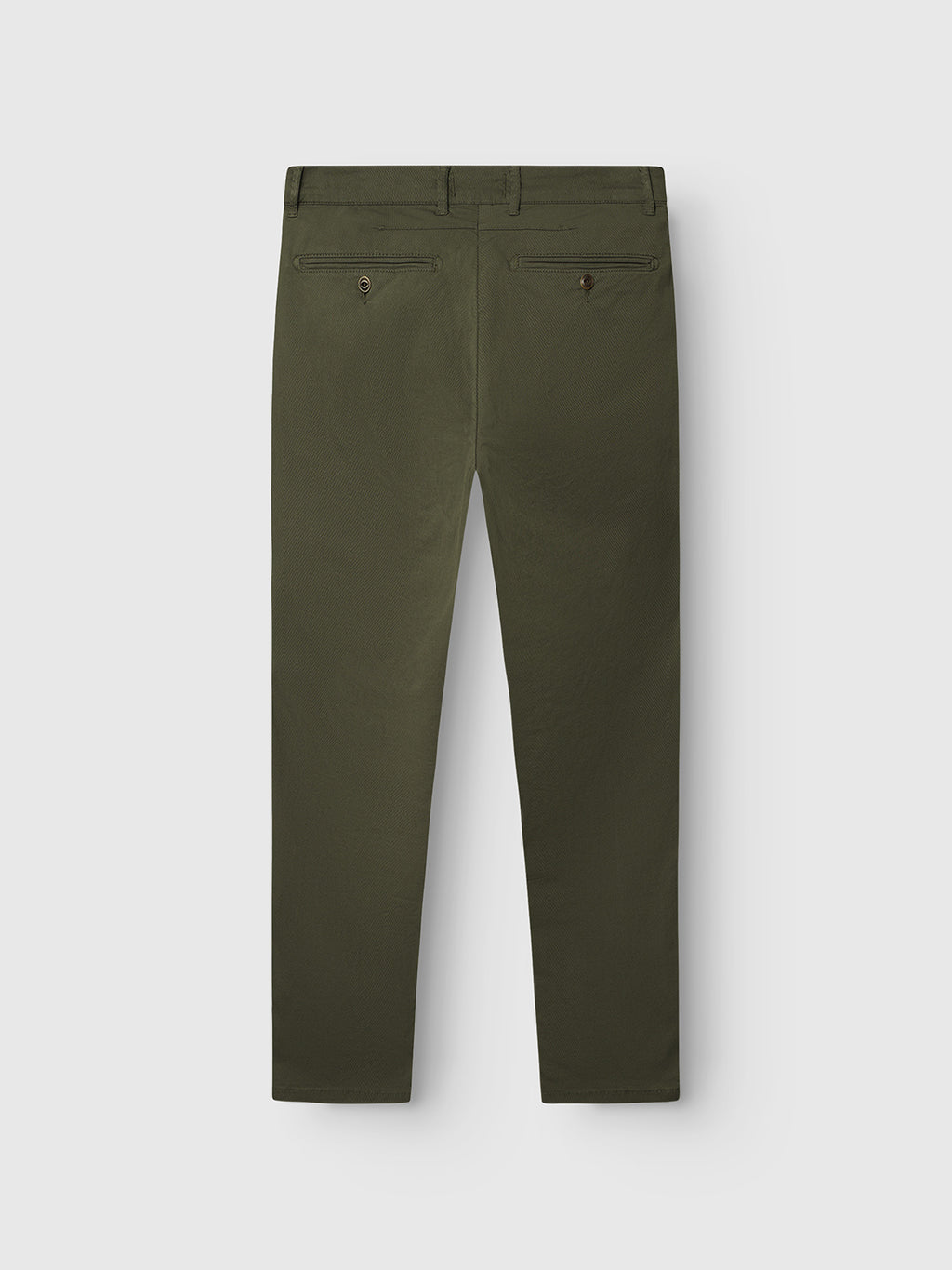 Back view of the GABBA GABpaul K3280 Dale Chino - Army: olive green slim-fit chino with French pockets, two buttoned welt pockets, belt loops, and slim leg opening, shown on a plain white background.