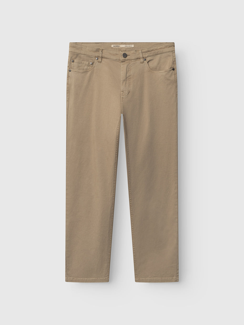 GABmarc 5poc Marlo - Coriander by Gabba: straight-leg pants in a beige hue, featuring classic five-pocket construction, belt loops, and a button closure, displayed on a plain white background.
