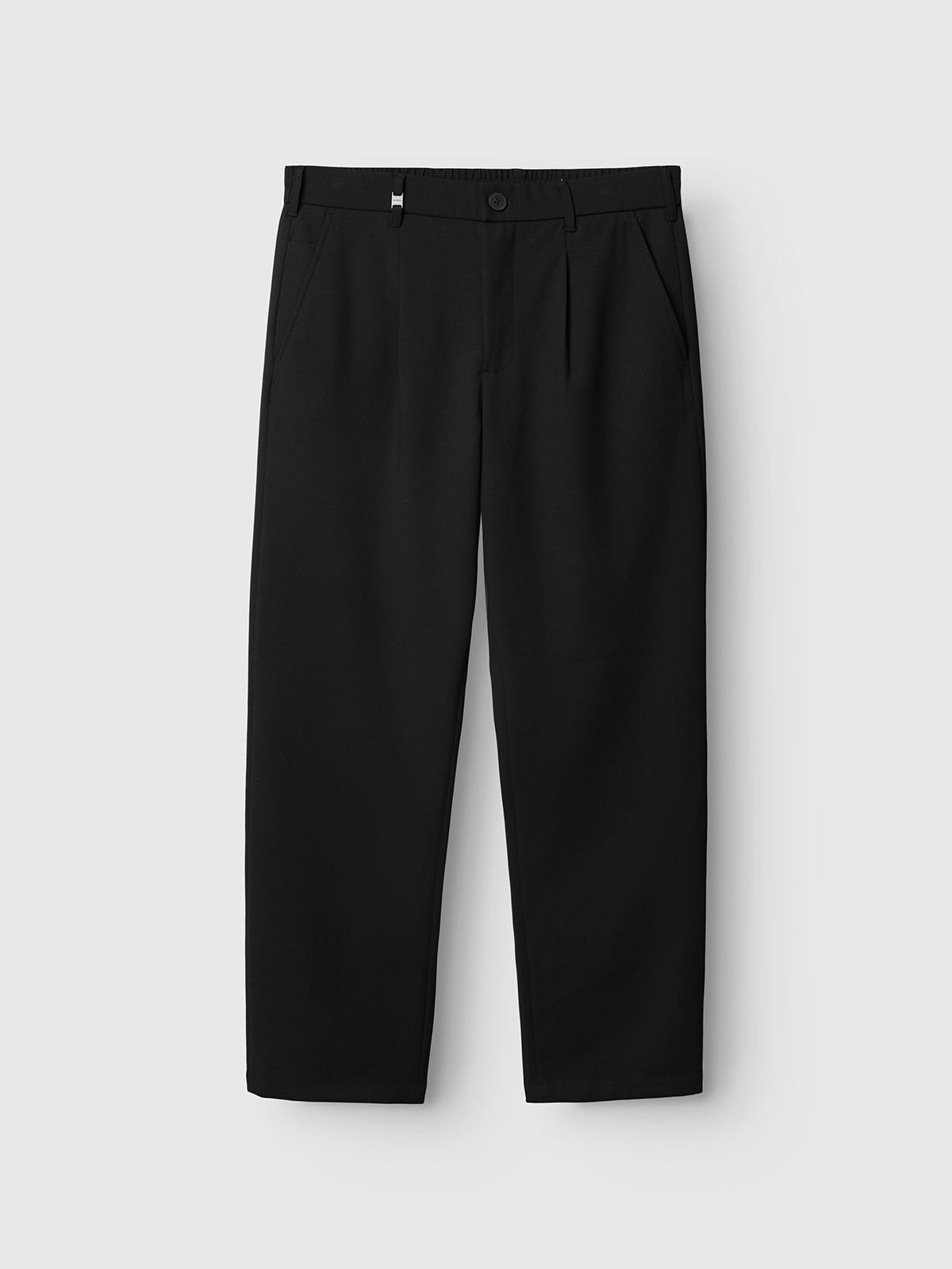 Here’s your rewritten sentence using the provided product data: The Gabba GABnapoli 19 Phin GRS - Black dress pants, featuring a regular straight fit, button and zipper closure, front pleats, and side pockets, are crafted from a recycled polyester and wool blend chino fabric and are displayed laid flat on a white background.