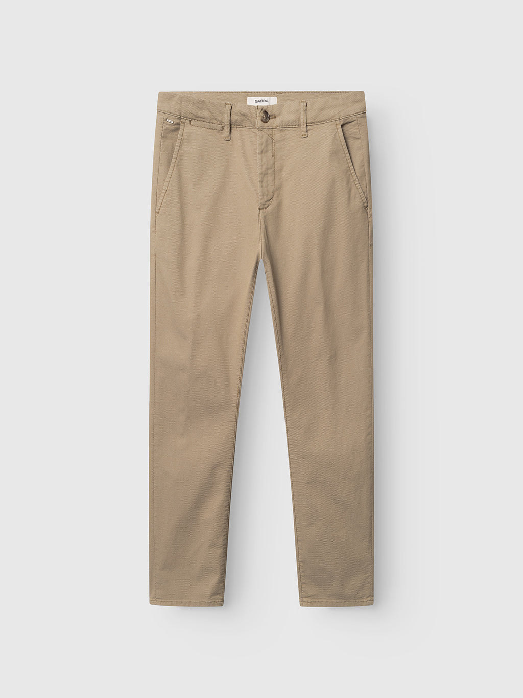 The Gabba GABpaul K3280 Dale Chino in sand features a slim fit, French pockets, side and back pockets, belt loops, and a button closure, shown against a plain white background.