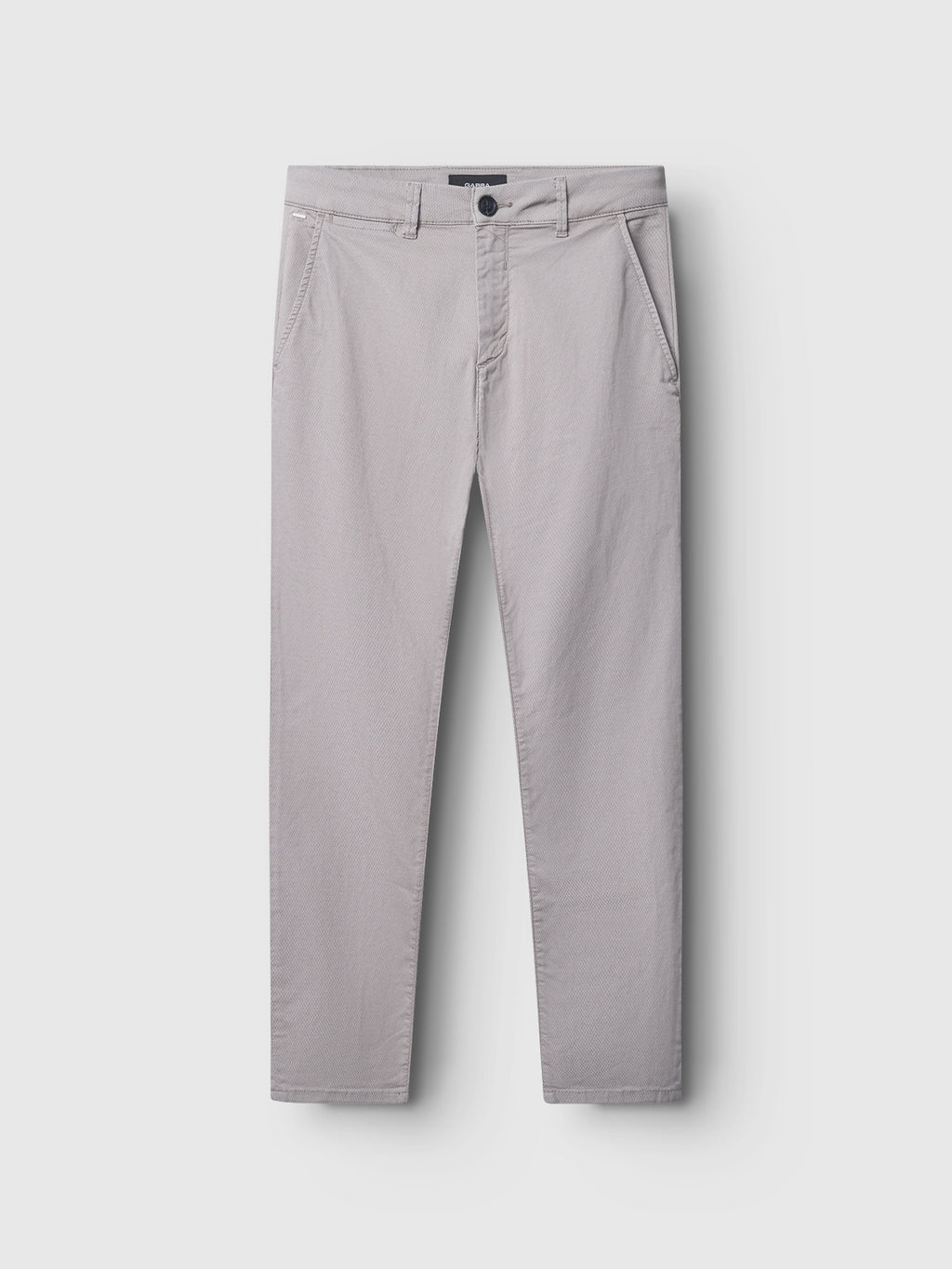 The Gabba GABpaul K3280 Dale Chino in Grey Paloma features a slim fit, French pockets, belt loops, and button closure with a straight slim leg, shown flat on a white background.